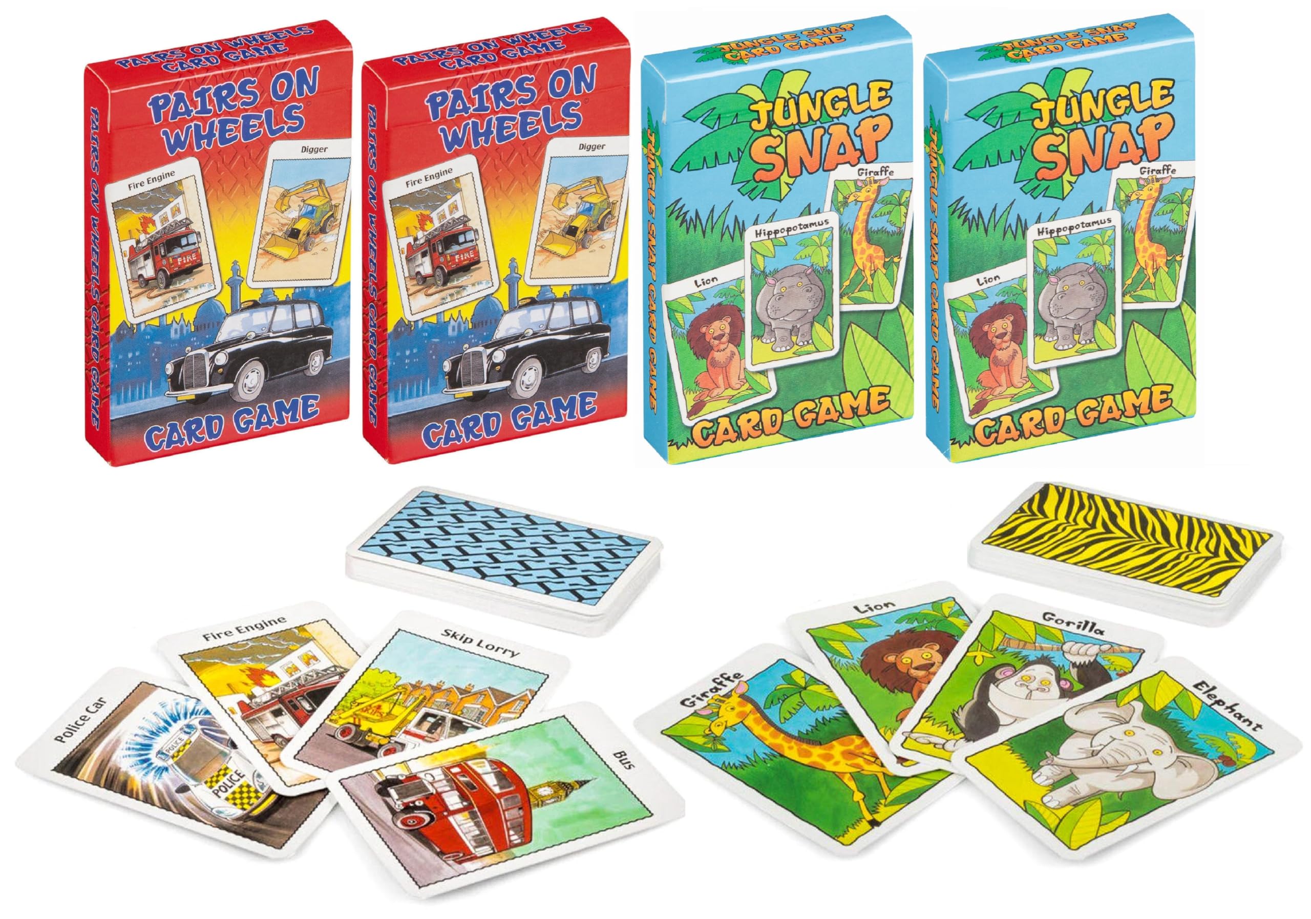 HANIA Kids Card Games - Jungle Snap & Pairs on Wheels - 4 Pack - Matching Pictures Memory Pairing Games - Great Educational Screen Free Fun, Skills Booster, Creative Learning