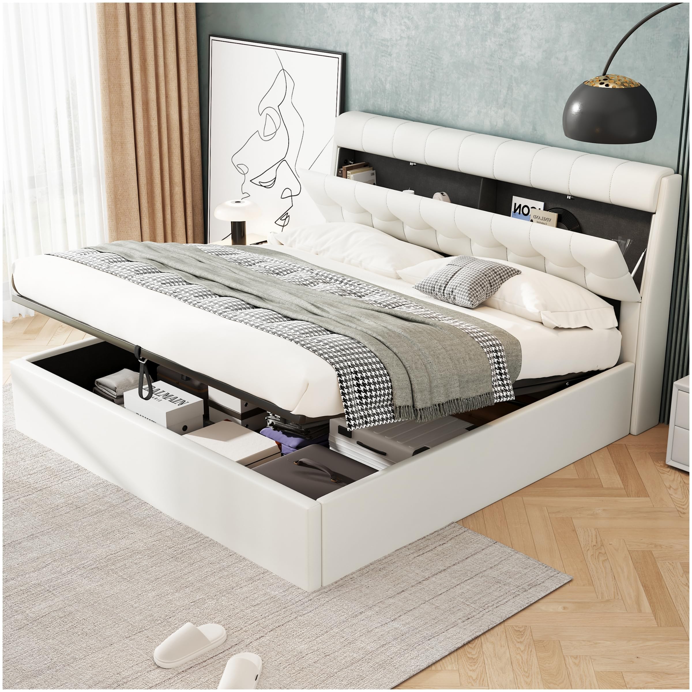 LUBVTTI Cama Acolchada De Matrimonio Con Cabecero Y Contenedor, Estructura De Cama De 140 X 200 Cm Con Somier De Láminas, Poliuretano, Color Blanco
