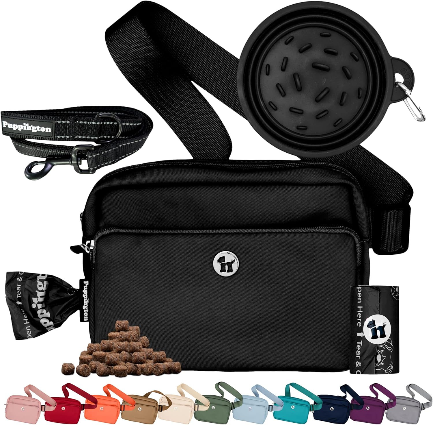 Puppington 3-in-1 Crossbody Dog Treat Pouch for Pet Training - Compostable Poop Bags, Built-In Poop Bag Dispenser, Slow-Feeding Travel Dog Bowl & Reflective Leash - Dog Walking Bag (Onyx Black)