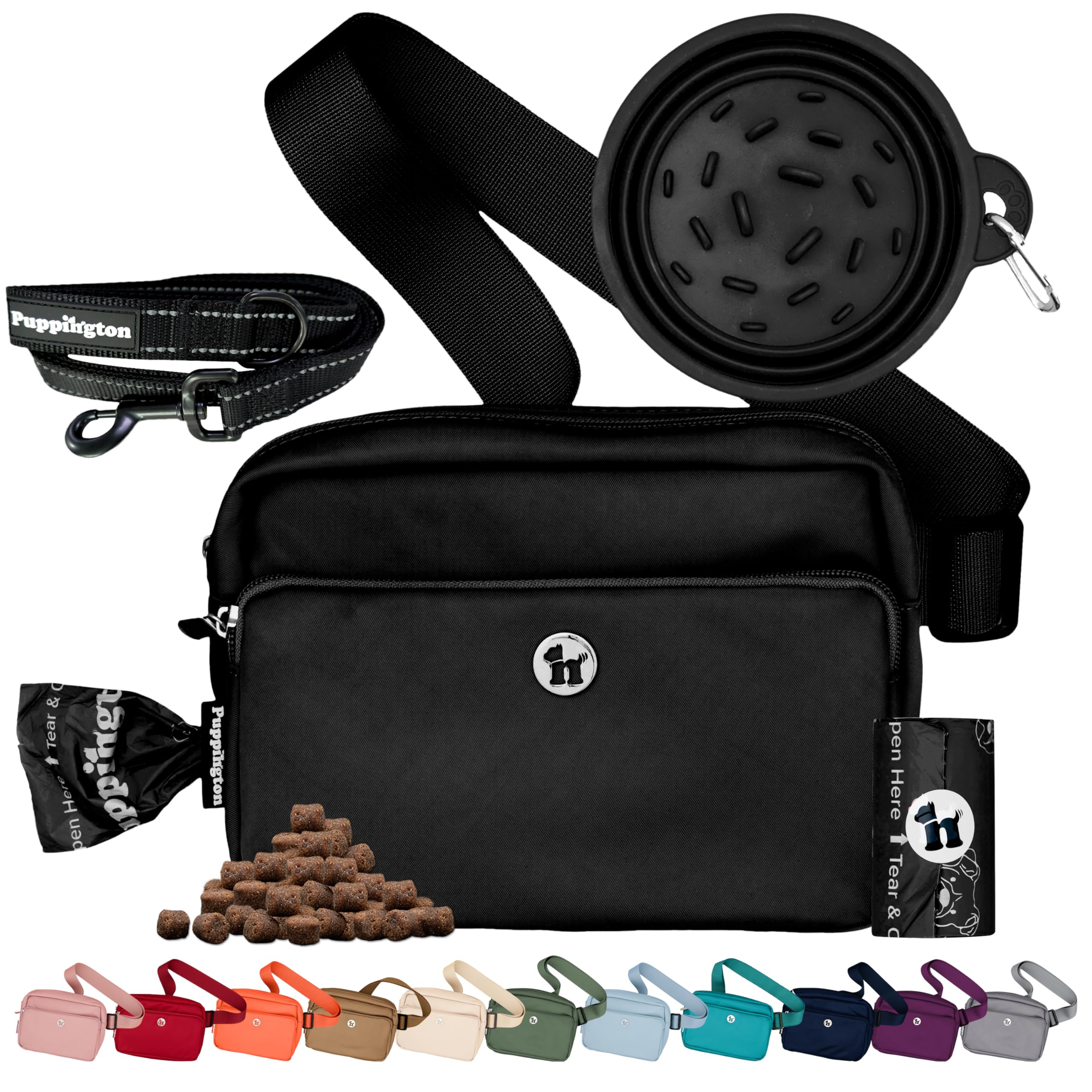 Puppington 3-in-1 Crossbody Dog Treat Pouch for Pet Training - Compostable Poop Bags, Built-In Poop Bag Dispenser, Slow-Feeding Travel Dog Bowl &