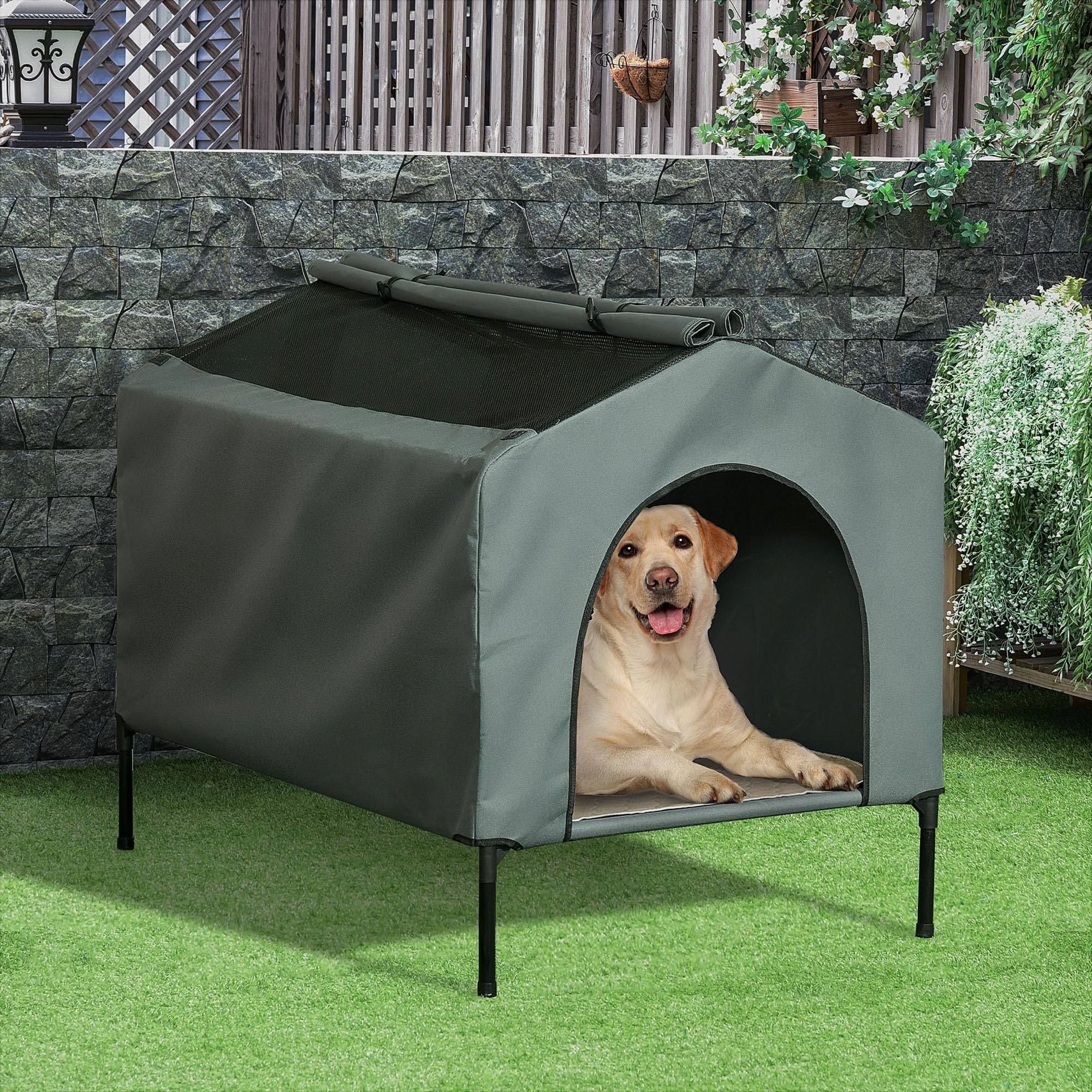 PawHut Caseta para Perros 130x85x95 cm Cama para Perros con Cojín Ventanas de Malla Enrollable y Cubierta Exterior para Perros Grandes Gris