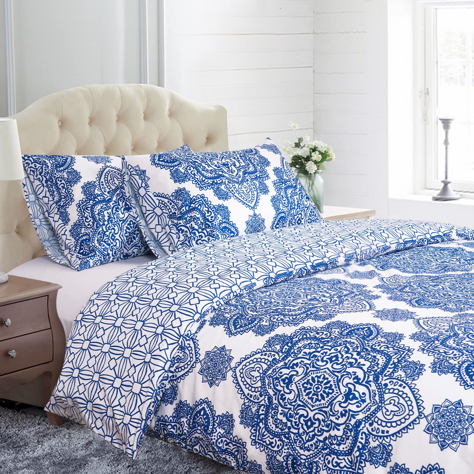 PHF Silky Soft Microfiber Printed Pillowcases Queen Size, 2 Pack Smooth Breathable Boho Bedding Pillow Cases Covers, Ultra Comfy Farmhouse Pillow Shams 20" x 30", Printed Navy Blue