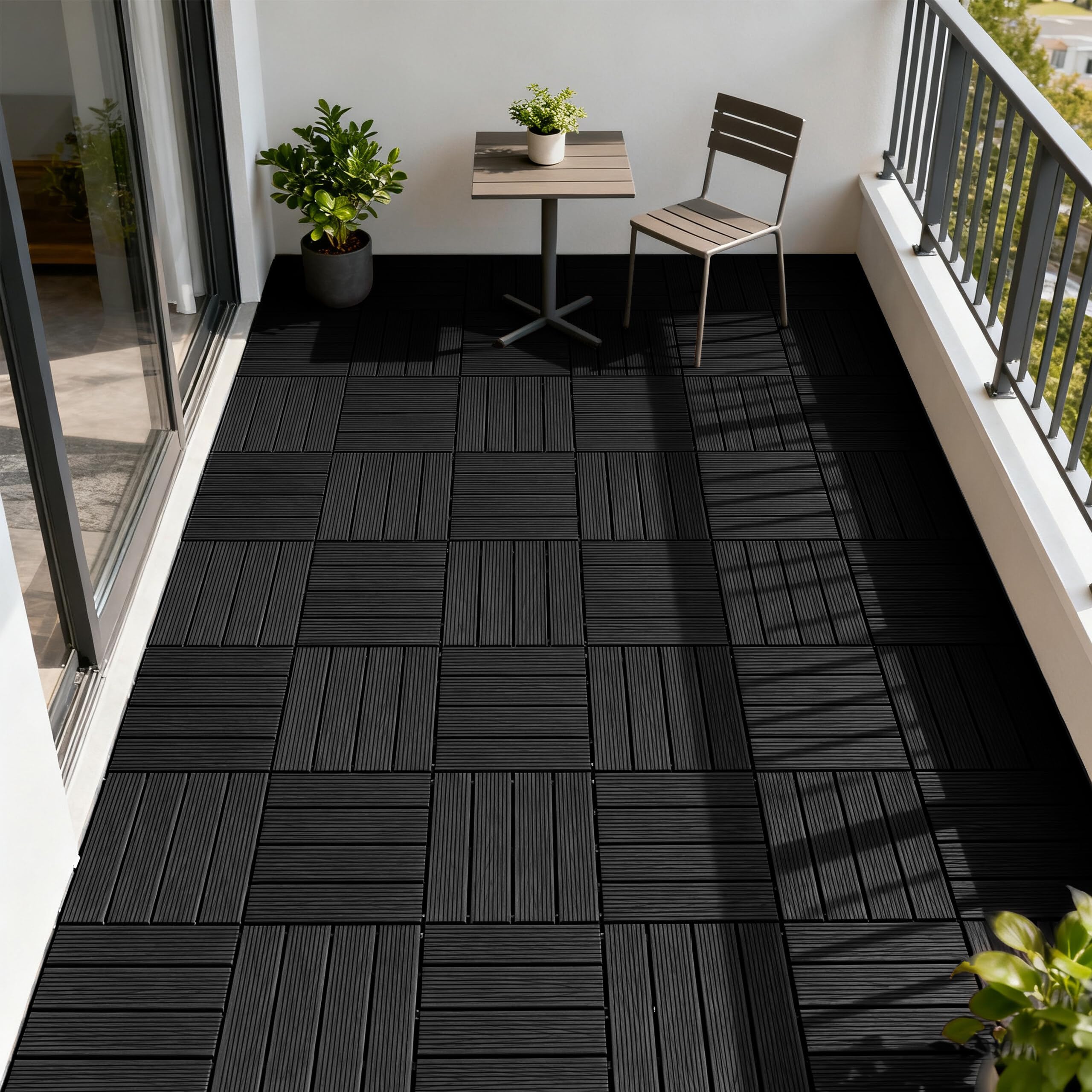 Relaxdays WPC Fliesen 11 Stück, 30x30, Balkonfliesen wetterfest, Terrassenplatten Klicksystem, 1m², Holzoptik, anthrazit