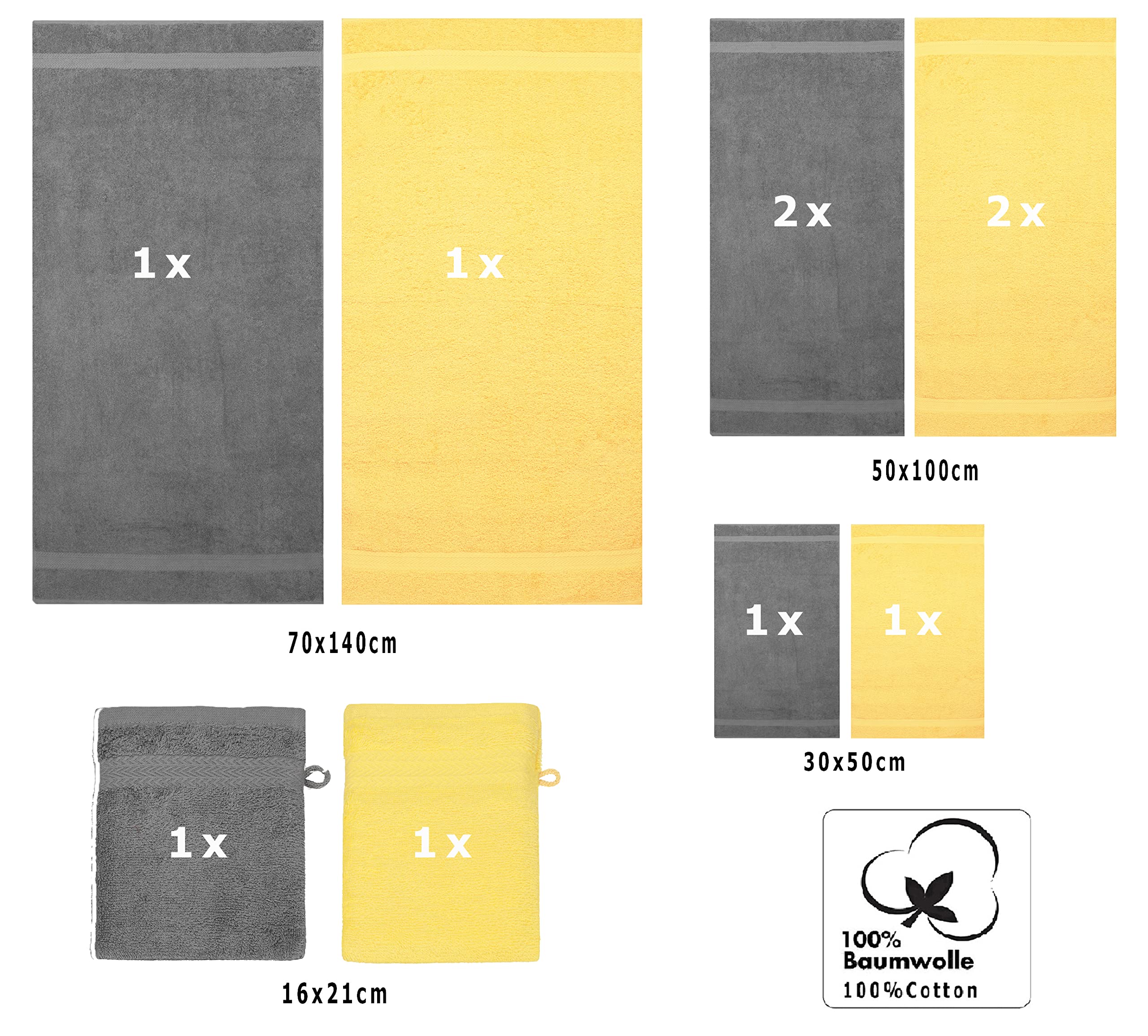Betz Juego de Toallas de 10 Piezas 2 Toallas de baño 4 Toallas de Mano 2 Toallas para Invitados 2 Manoplas de baño 100% algodón Toalla Ducha baño Mano Premium de Color Gris Antracita y Amarillo
