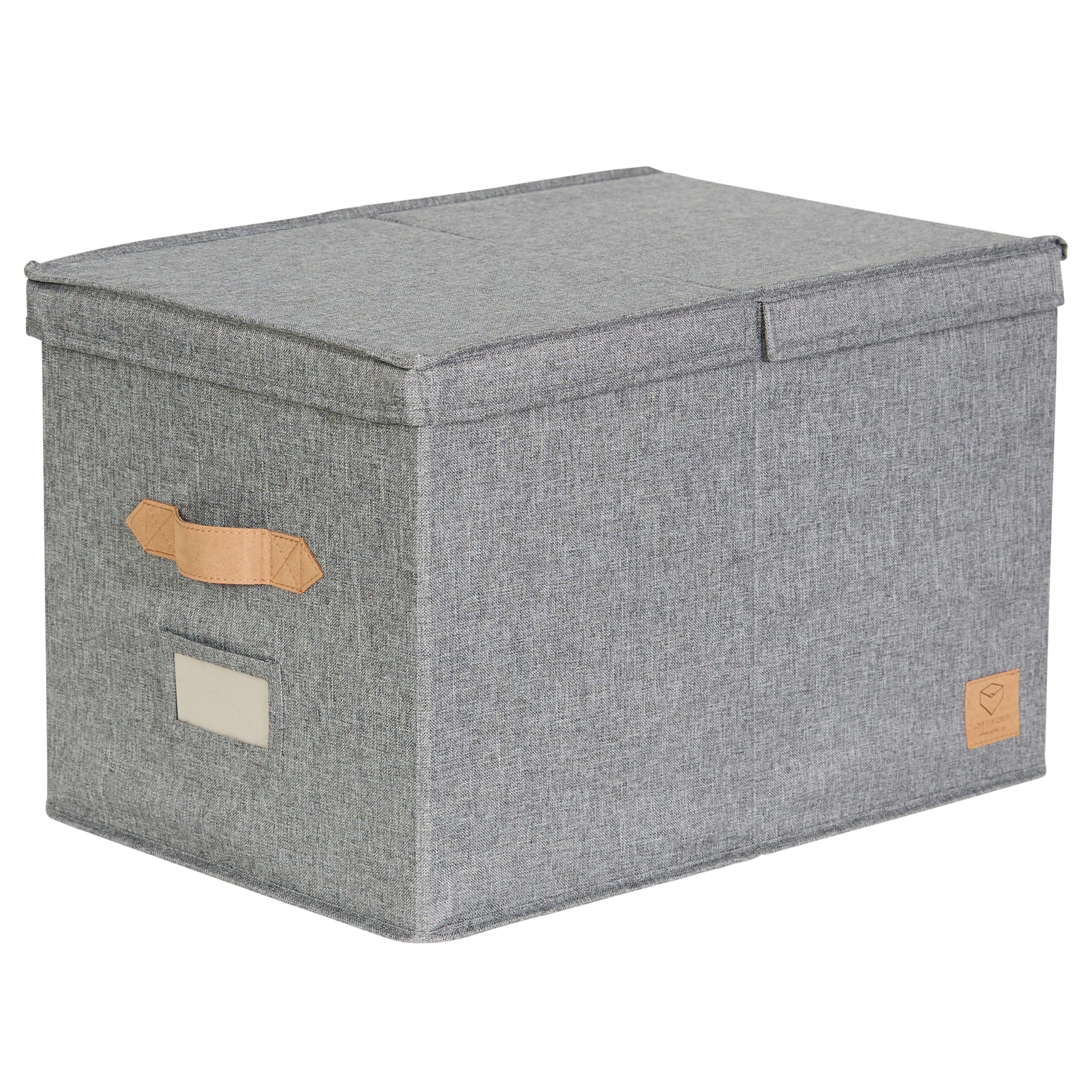 LOVE IT STORE IT Pudełko do przechowywania premium z pokrywką XL – wykonane z lnu – pole na opisy – wzmocnione drewnem – bardzo duże i stabilne – szare – 50 x 33 x 32 cm
