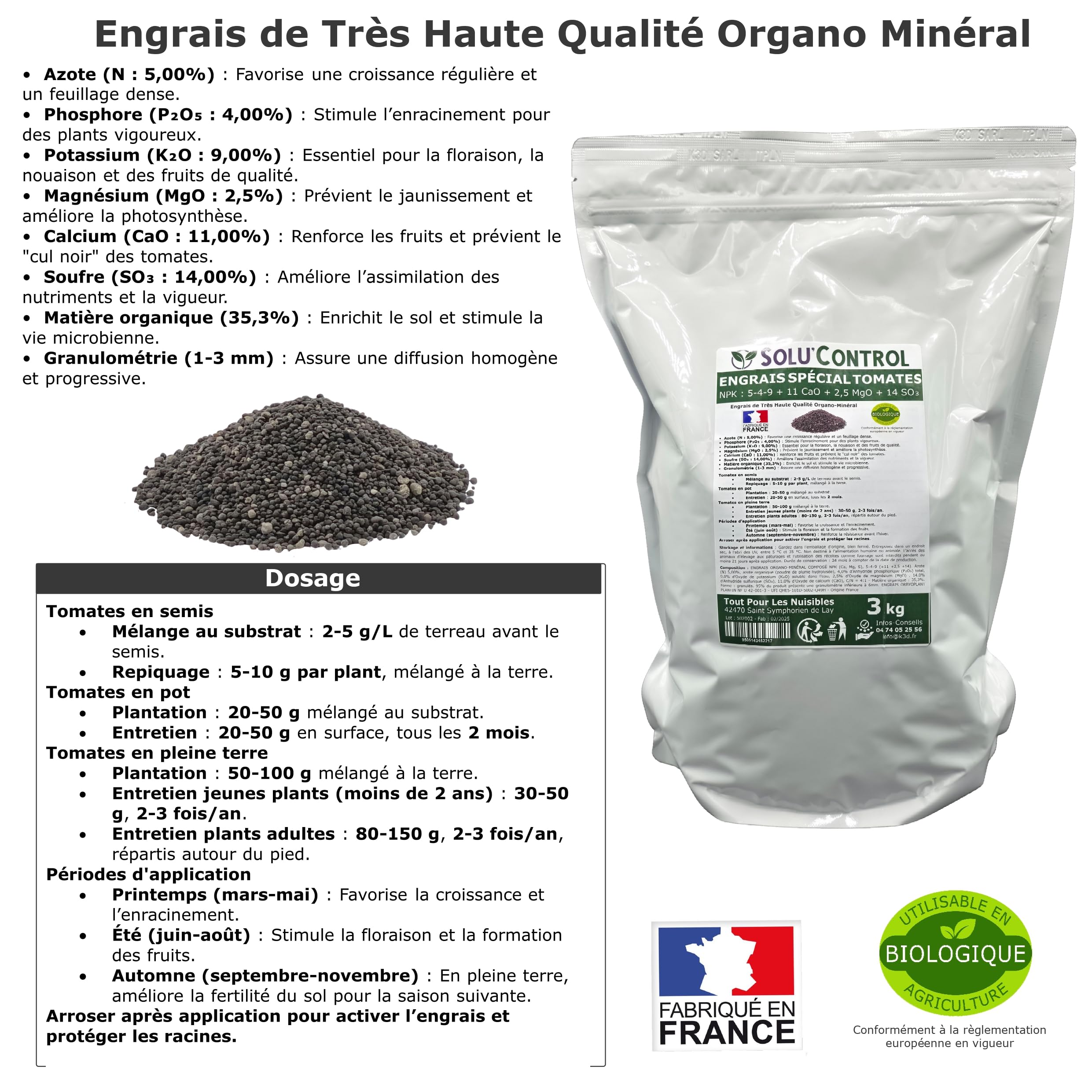 3 kg d'Engrais Spécial Tomates, Aubergines, Poivrons, Piments - SoluControl - Formulation haute qualité Organo-Minerale - Utilisable en Agriculture Biologique