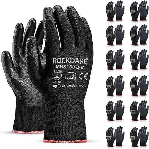 Task Force - Guantes de trabajo de seguridad con revestimiento de poliuretano, 12 pares, guantes de punto sin costuras con revestimiento de