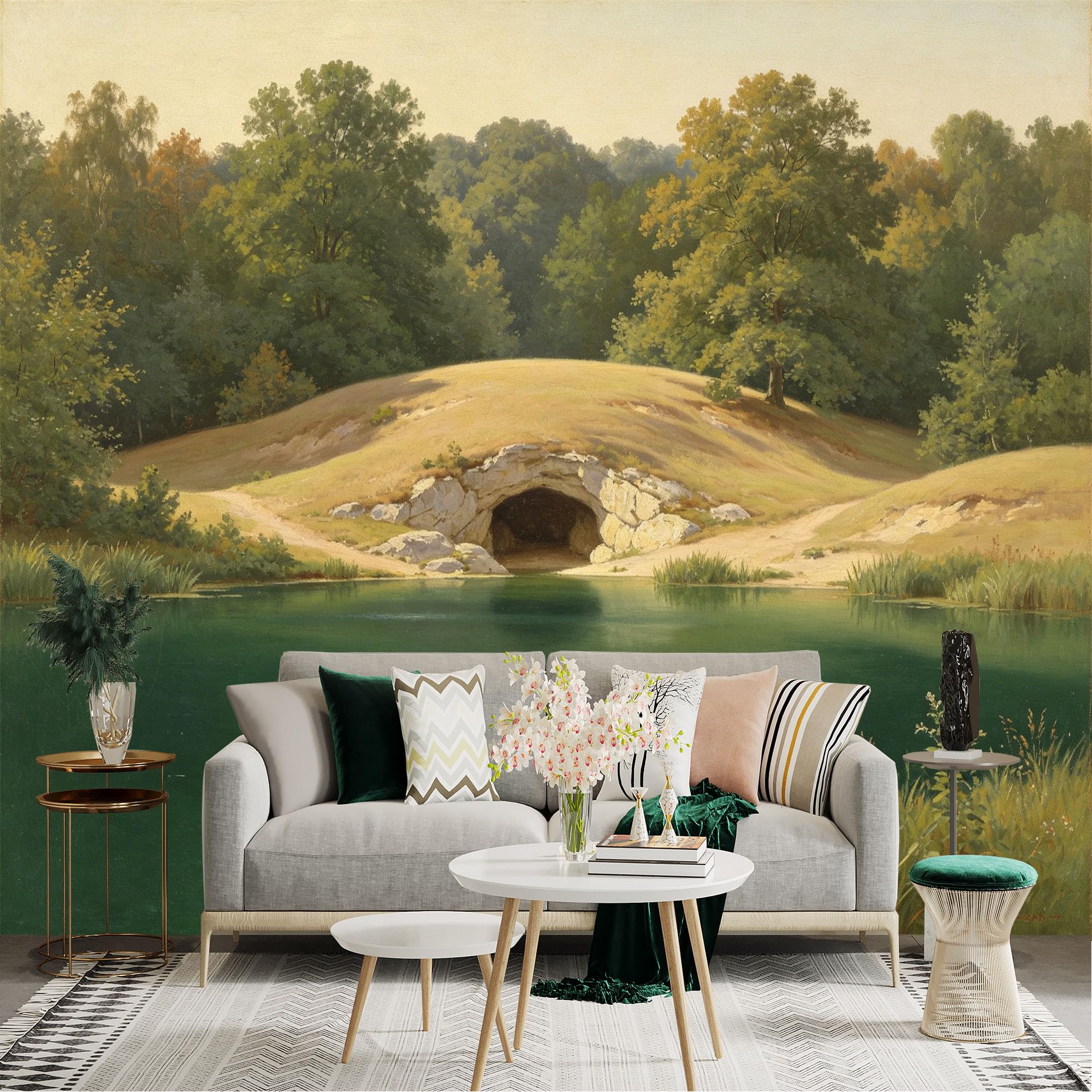 Lnzczhyre Dbh260521619 Custom Size Wall Sticker Mural， Serene Lake By A Forest Cave， Tranquil Woodland Landscape， Natural Scenery， For Wall Decoration， Peelandstick Wall Decals.