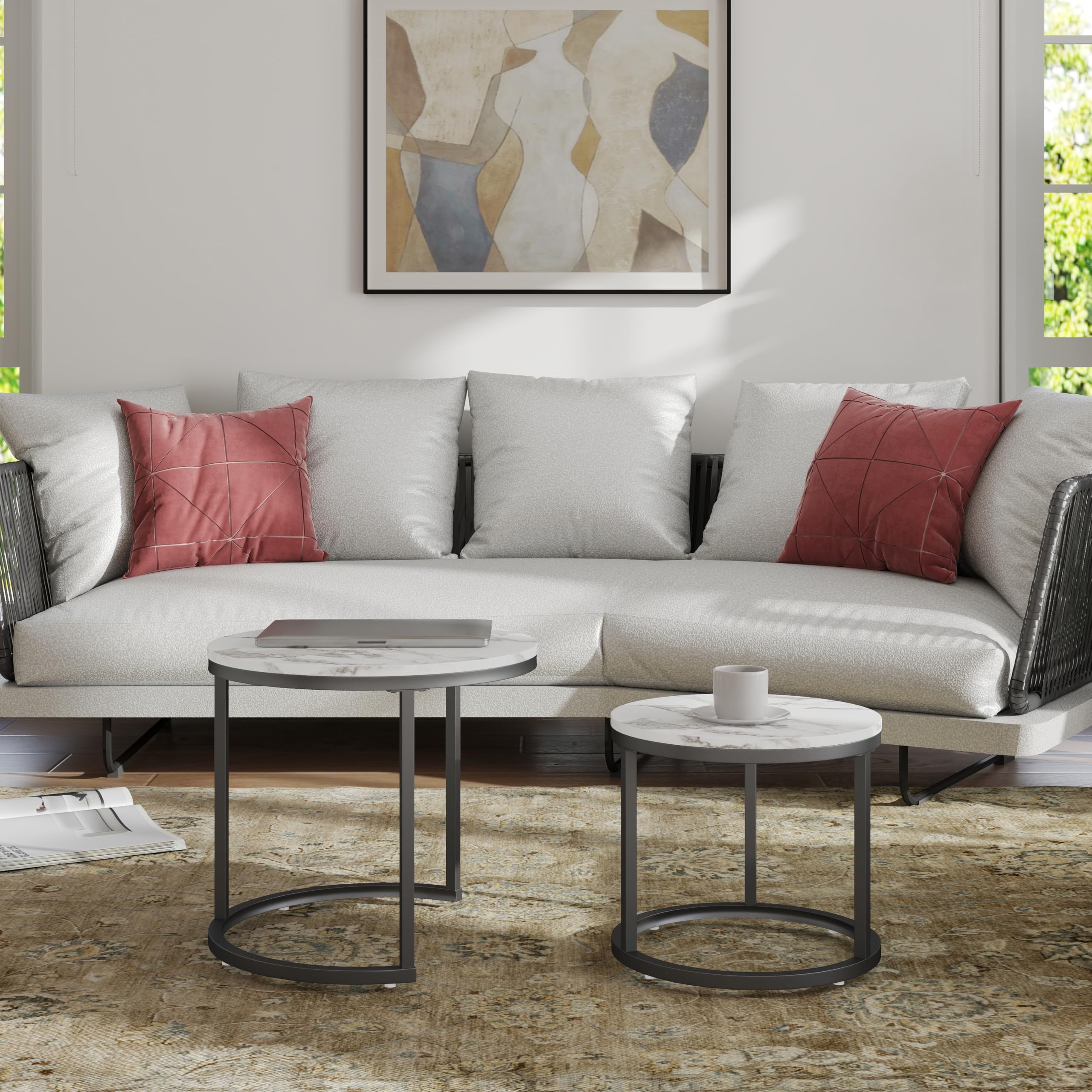 Tavolino Salotto Rotondo, Set di 2 Tavolino Soggiorno Moderno, Gamba in Metallo Nero, Adatto per Soggiorno, Caffetteria, Lounge 50x45cm +40x35cm (Bianco+Nero)