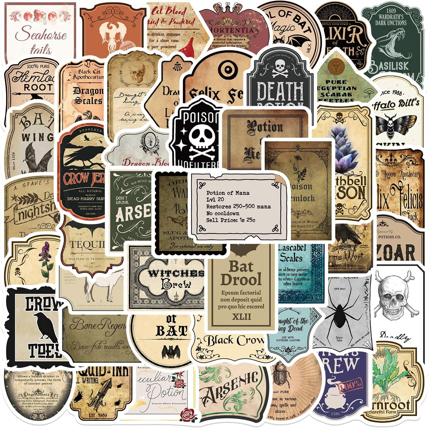 TWGOGOTIC Potion Label Stickers 50Pcs Magic Potion Stickers Water Bottle Waterproof Aesthetic Vinyl Laptop Luggage Skateboard Computer Stickers for Kids Teens Adult
