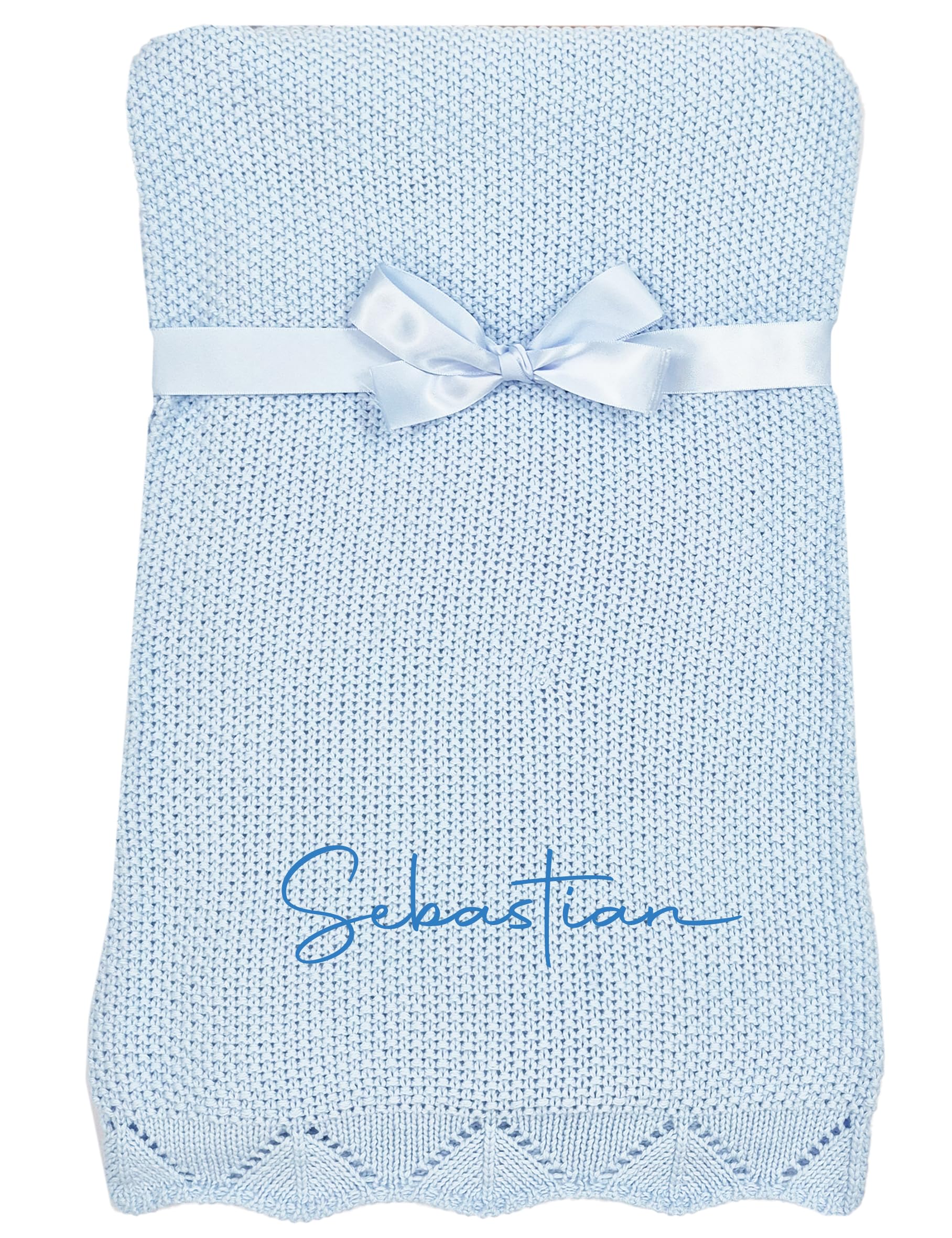Personalised Baby Cotton Knitted Blanket Soft Natural Breathable Wrap (Cotton Blue)