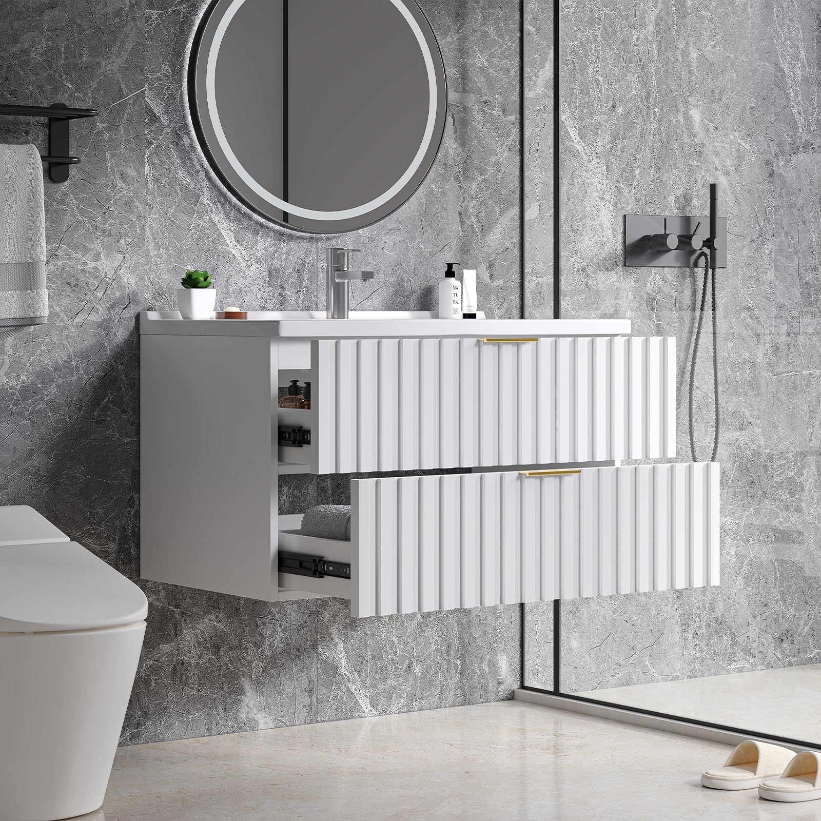 ONBRILL 30 Inch Bathroom Vanity with Sink Combo, Floating Bathroom Vanity with 2 Fluted Drawers & Metal Handle, Modern Wall Mount Storage Cabinet with