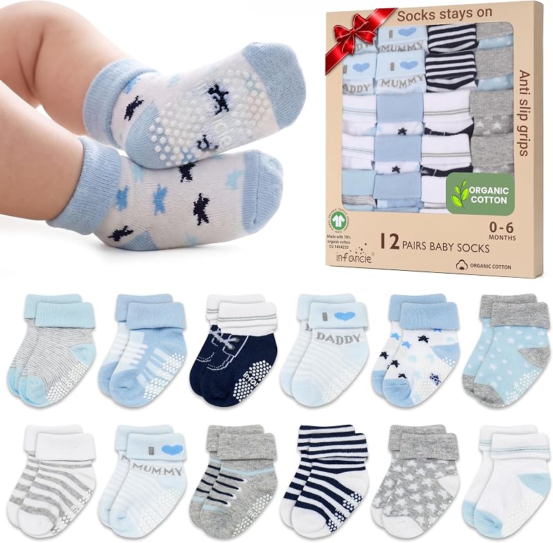 GOTS Organic Cotton Blend 12 infant socks with Grip 0-6 M Boy Non Slip Gift | Oeko-Tex Certified, Baby Socks, 12 Pairs, Organic Cotton Socks For Boys, Newborn Baby Socks, Blue, For Baby Boys, 0-6 Month
