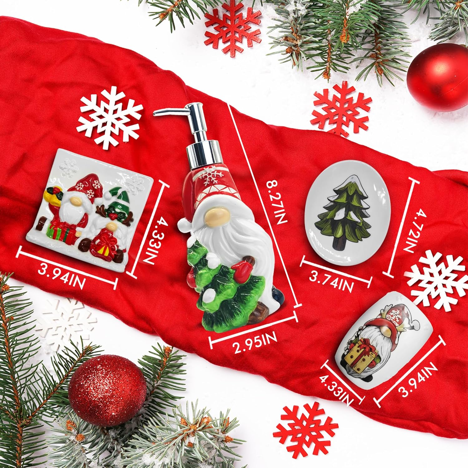 pinata Christmas Bathroom Accessory Sets of 4, Gnome Christmas Bathroom Decor Gnome Decorations, Gnome Bathroom Tumbler, Soap Dispenser, Toothbrush Holder, Christmas Tree Soap Dish, for Women