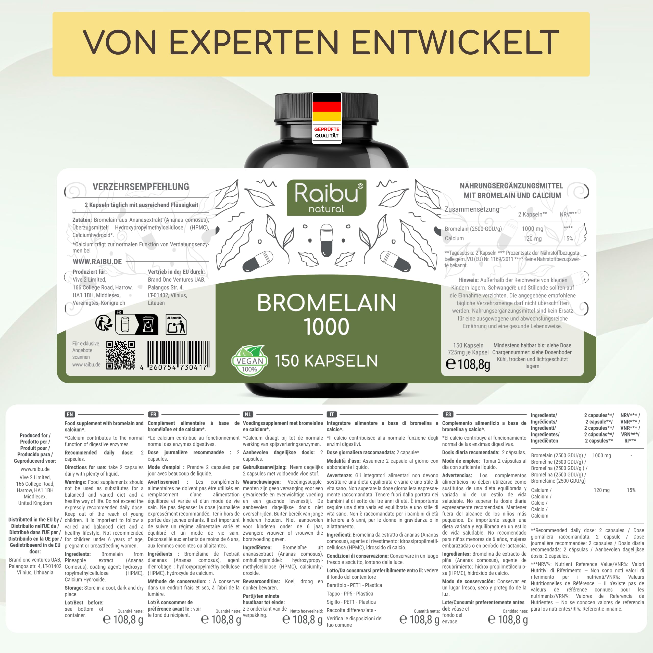 Bromelain Hochdosiert, 1000 mg (2500 GDU) pro Tag - 150 magensaftresistente Kapseln - Natürlicher Ananas Extrakt - In Deutschland produziert, laborgeprüft und vegan
