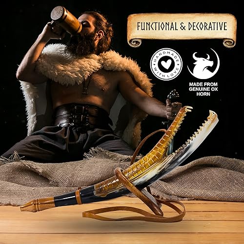 Miniatura 4 de Corneta vikinga soplada con soporte, cuerno de guerra de cuerno de buey tallado a mano con diseño de cabeza de dragón y correa de cuero, accesorio