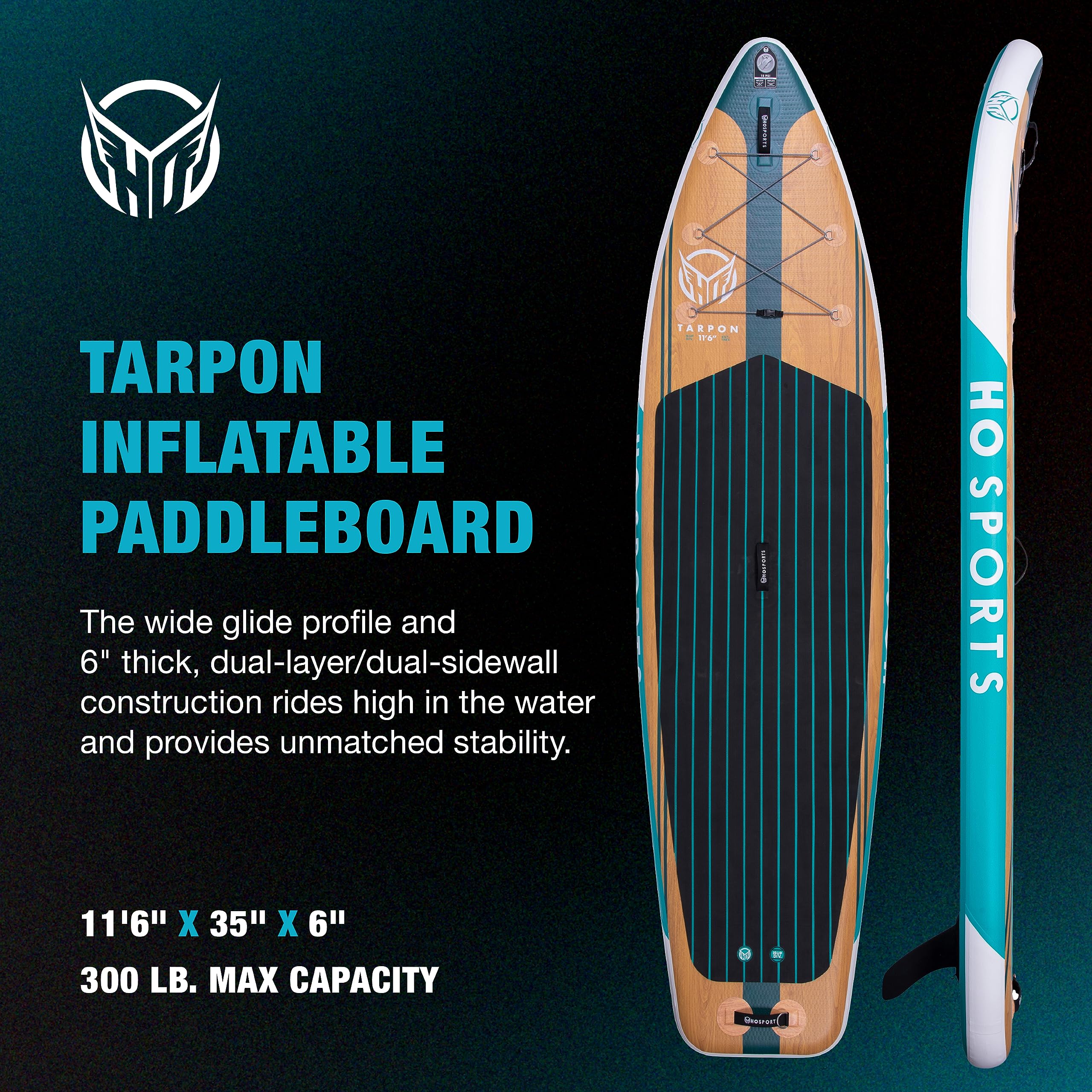 HO Sports Tarpon Inflatable Paddleboard iSUP - Versatile, Durable, Widebody and Stable Stand-Up Paddleboard - Adjustable Paddle, Hand Pump & Backpack Included, 10ft 6in