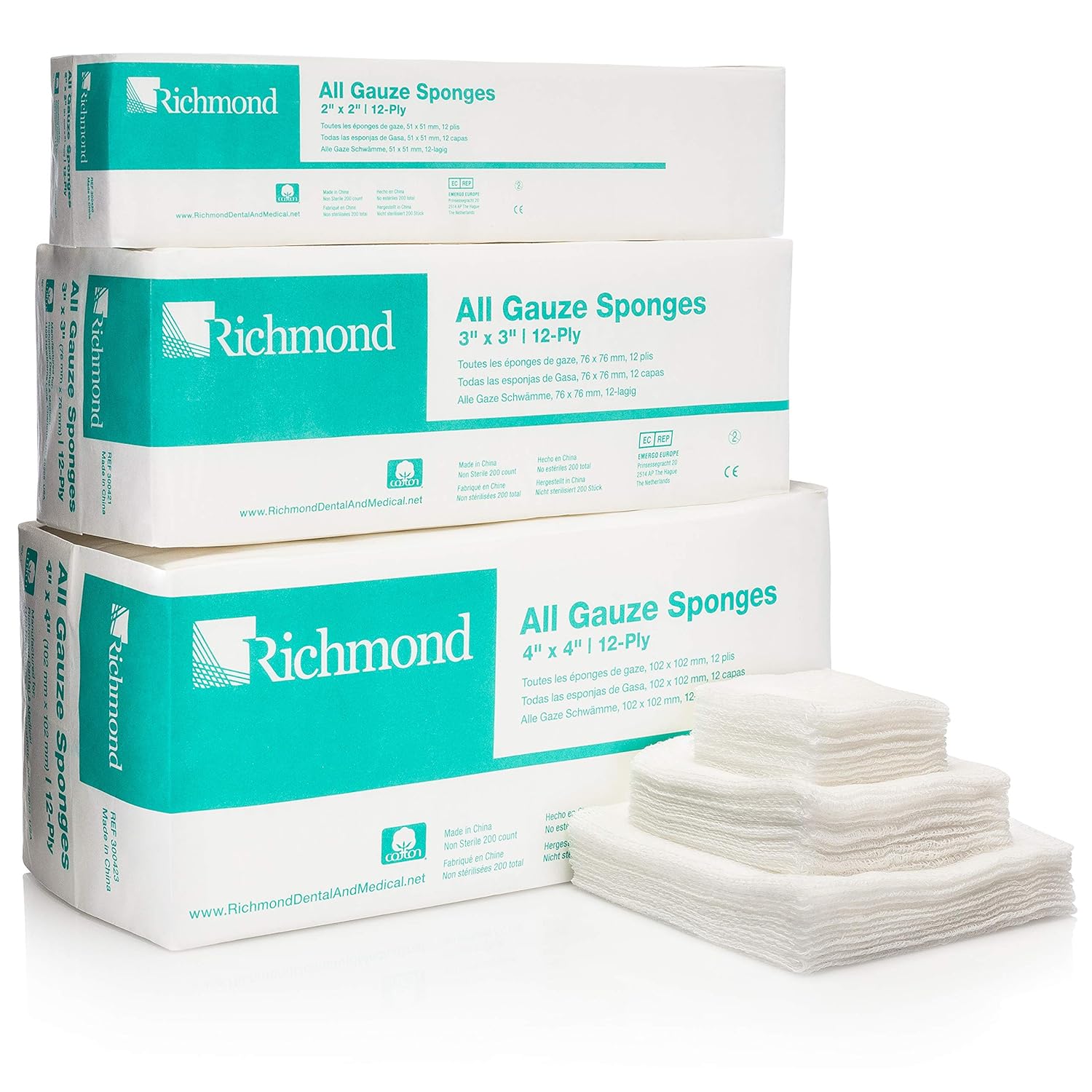 Richmond Dental & Medical 300420 2" x 2" All Gauze Sponge, 12-Ply (Case Pack of 5000)