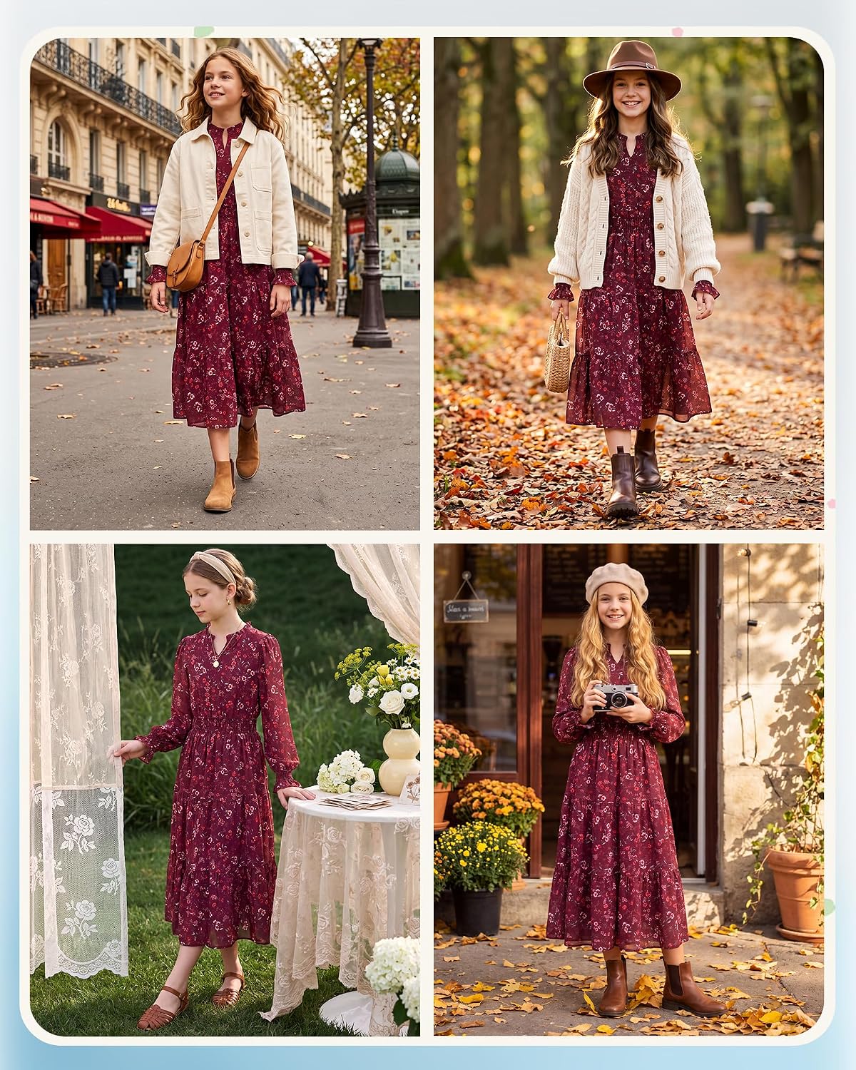Girls Maxi Dress Fall Floral Long Sleeve Ruffle V Neck Smocked Waist Tiered Flowy Dresses with Pockets 6-16 Years image 5