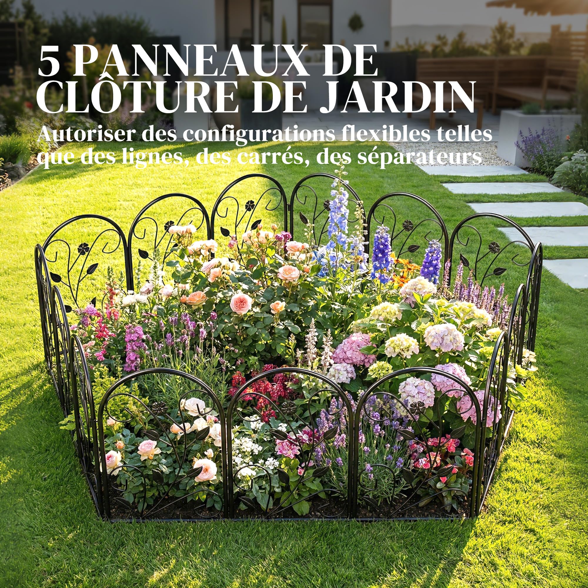 Outsunny Clôture de Jardin Décorative 5 Panneaux pour Patio 80x60 cm Noir | Panneaux de Clôture Antirouille, pour Animaux, Bordure Paysagère, Fleurs, Extérieur
