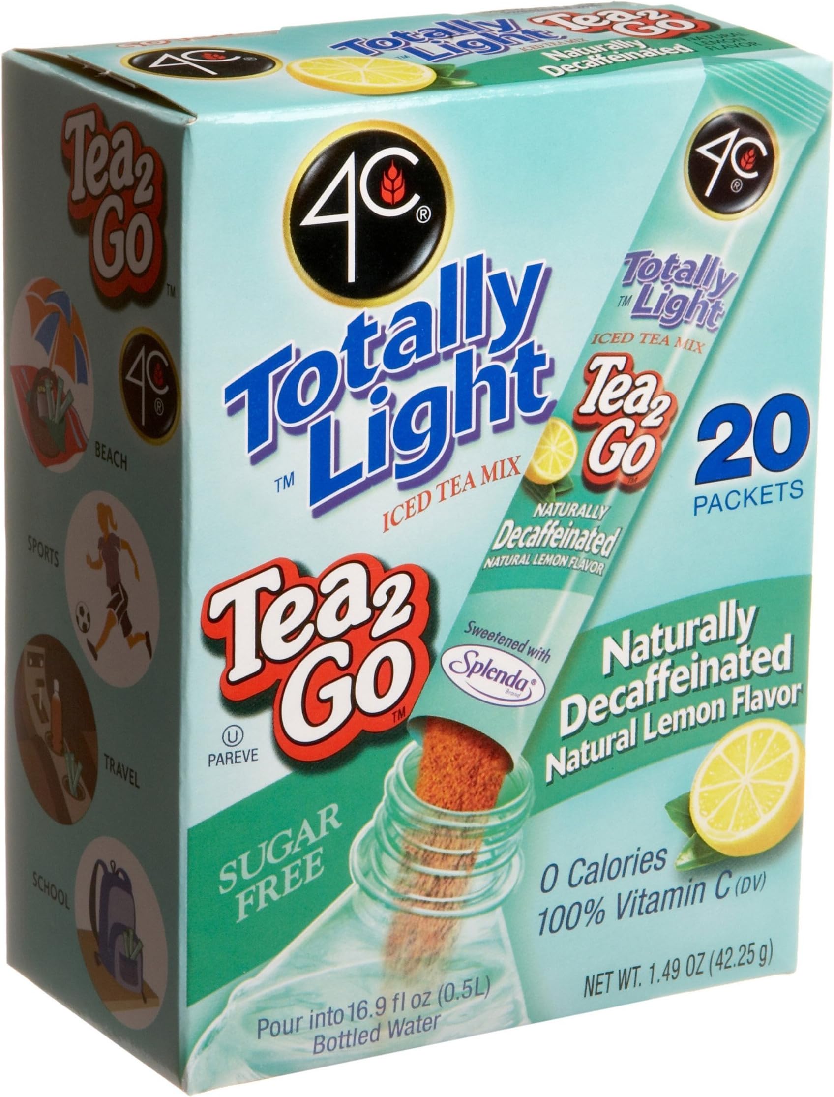 4C Totally Light Tea 2 Go Iced Tea Mix, Decaffeinated, Lemon, Sugar Free, 20-Count Boxes (Pack of 3)