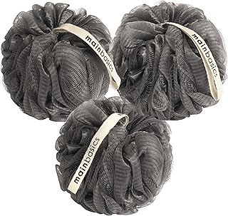 MainBasics Charcoal-Infused Bath Shower Loofah Sponge Pouf Body Scrubber Exfoliator (Set of 3)