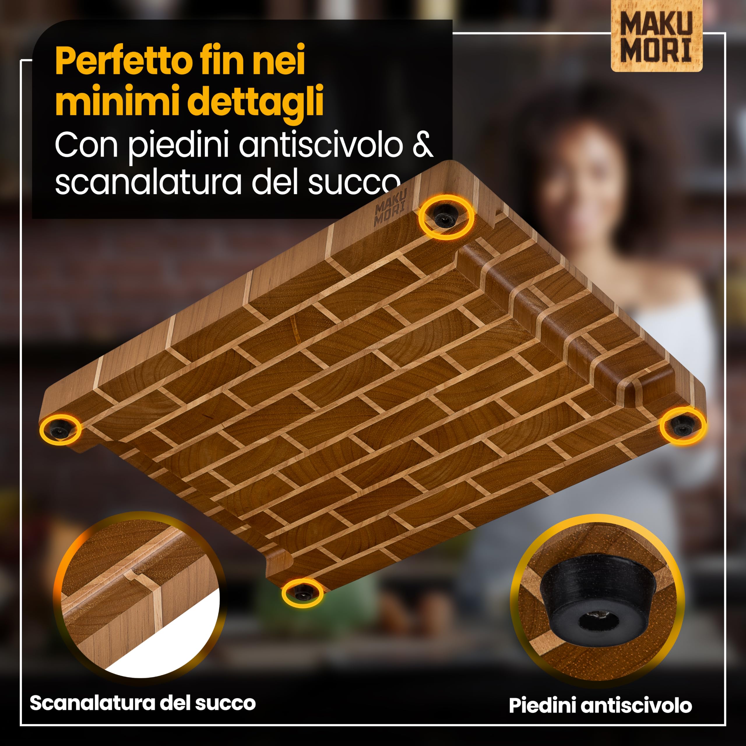 Premium Tagliere Legno di Testa 40x29x3cm Ladrillo Oscuro | Tagliere da cucina in hevea carbonizzato; FSC®; scanalatura per succhi; ampi manici; piedini in gomma antiscivolo