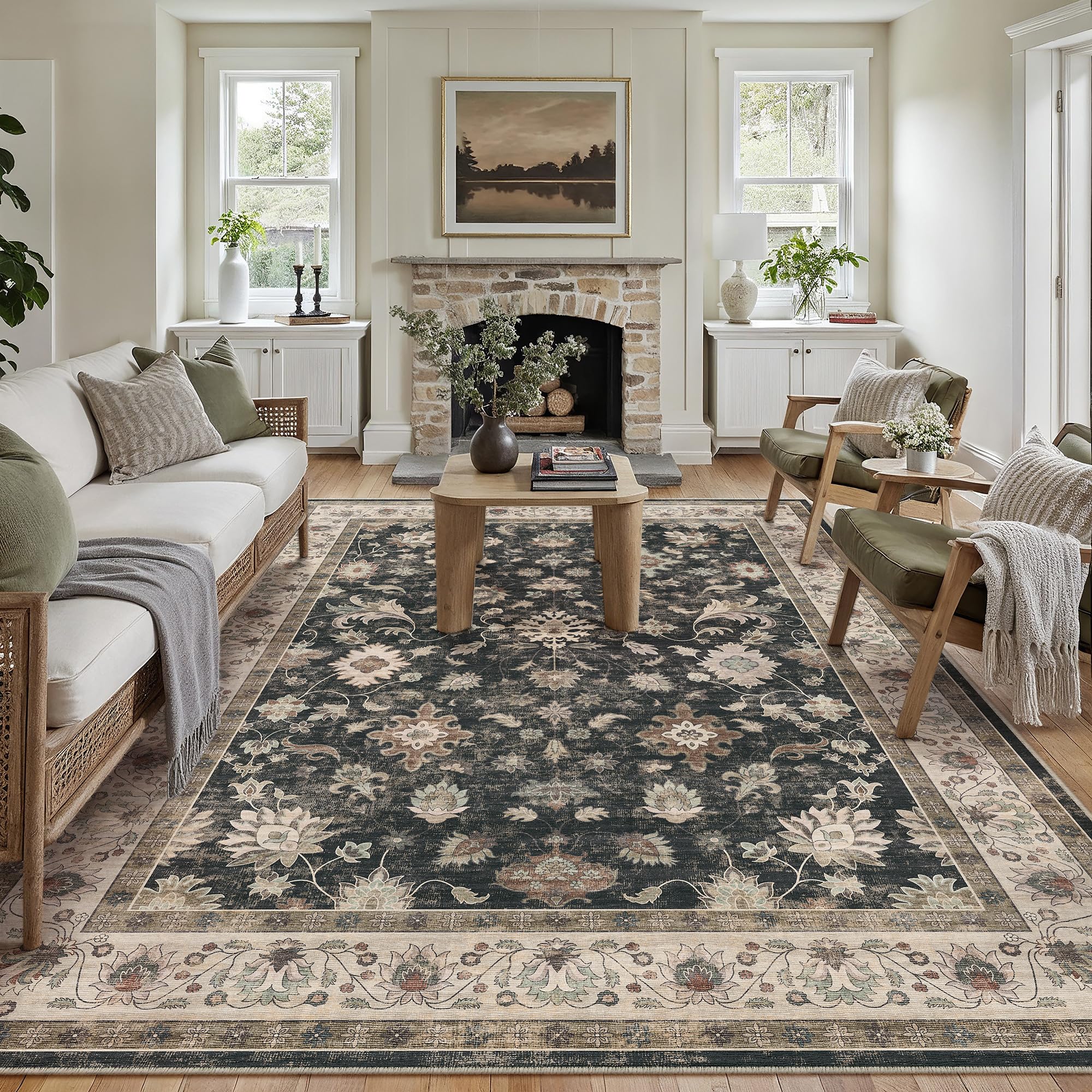 PureCozy Rugs Living Room 200x300 cm Vintage Washable Non Slip Area Rugs Retro Floral Large Lightweight Carpet for Bedroom Dining Room Hall Lounge Office Indoor Home Decor, Black — image 1