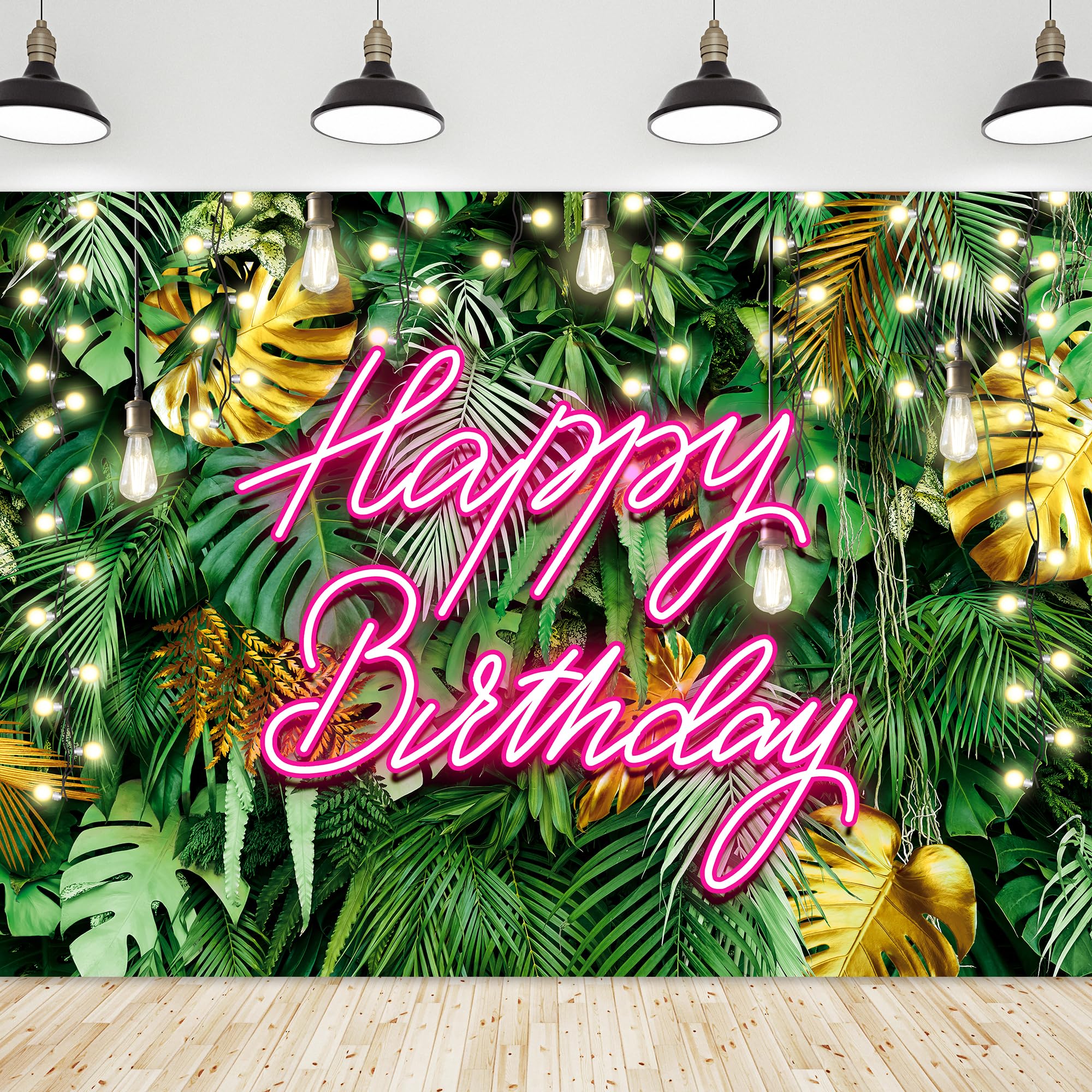 RiyidecorHawaiian Tropical Aloha Happy Birthday Backdrop Polyester Fabric Palm Leaves Neon Pink Jungle Green Leaf Gold Bday 7Wx5H Feet Nature Plant Photography Background Birthday Photo Studio Shoot