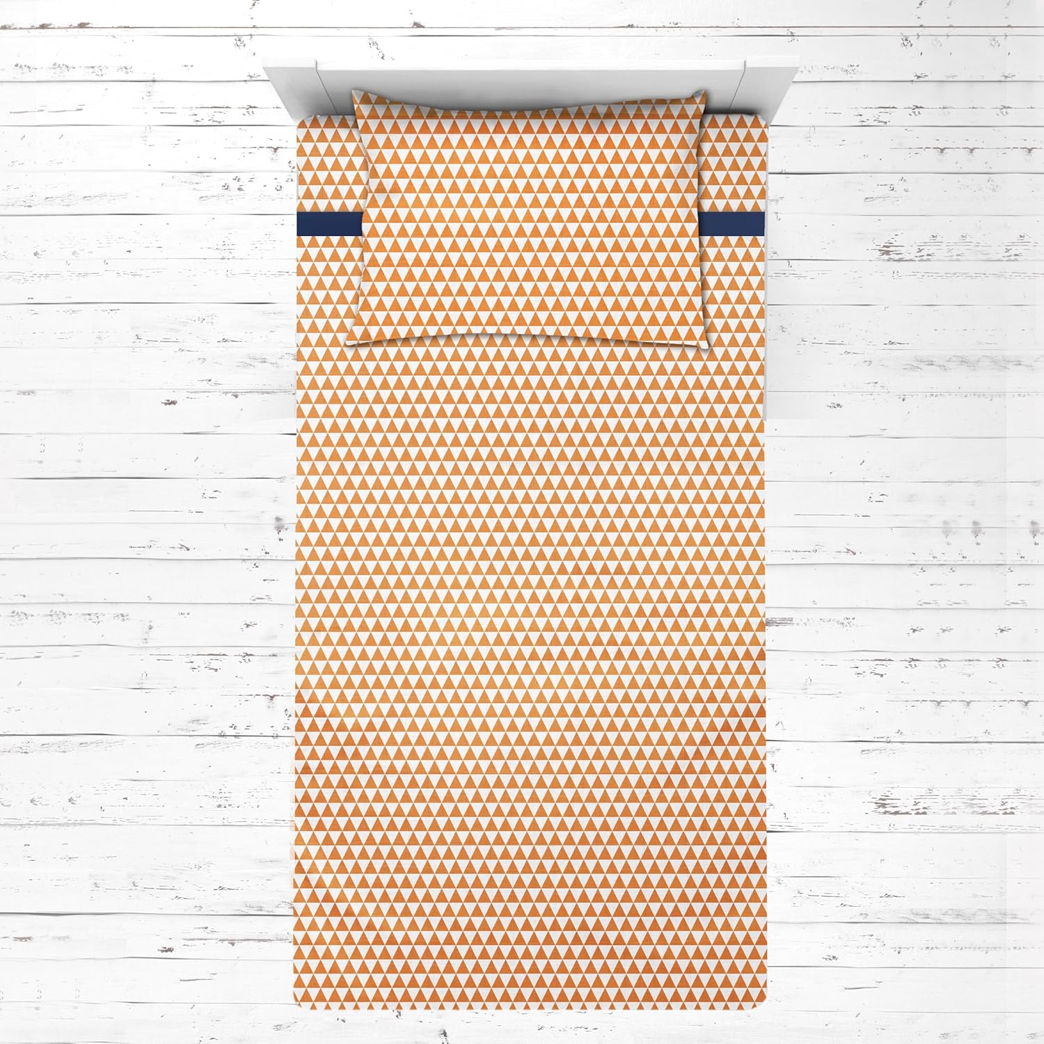 Bacati - 100% Cotton Muslin Tribal/Aztec 3 Piece Boys Toddler Bed Sheet Set Includes Fitted Sheet, Top Sheet, and Pillow Case (Orange/Navy Small Triangles)