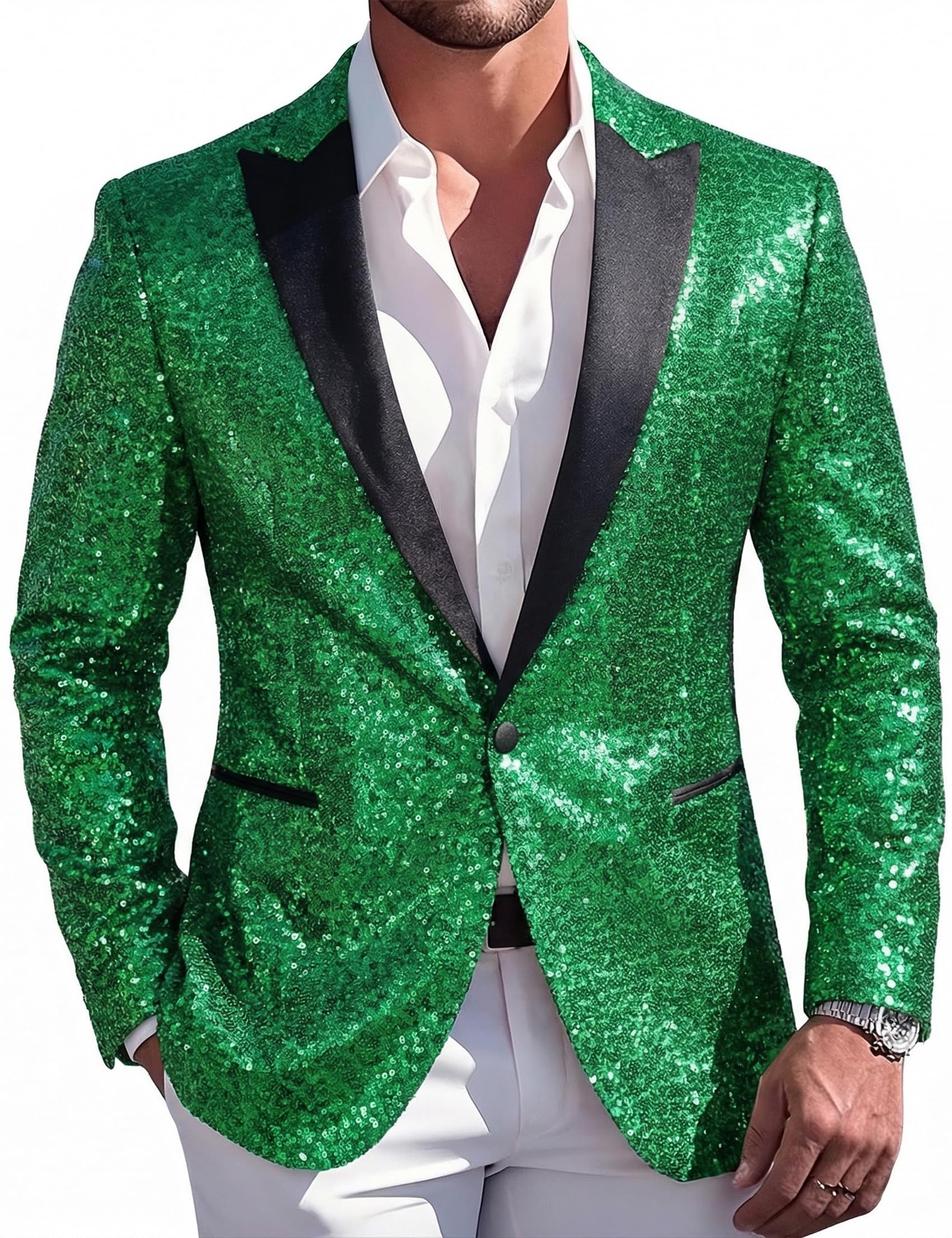 Barry.Wang 70s Disco Sequins Blazer Mens Sparkle Metallic Suit Jacket