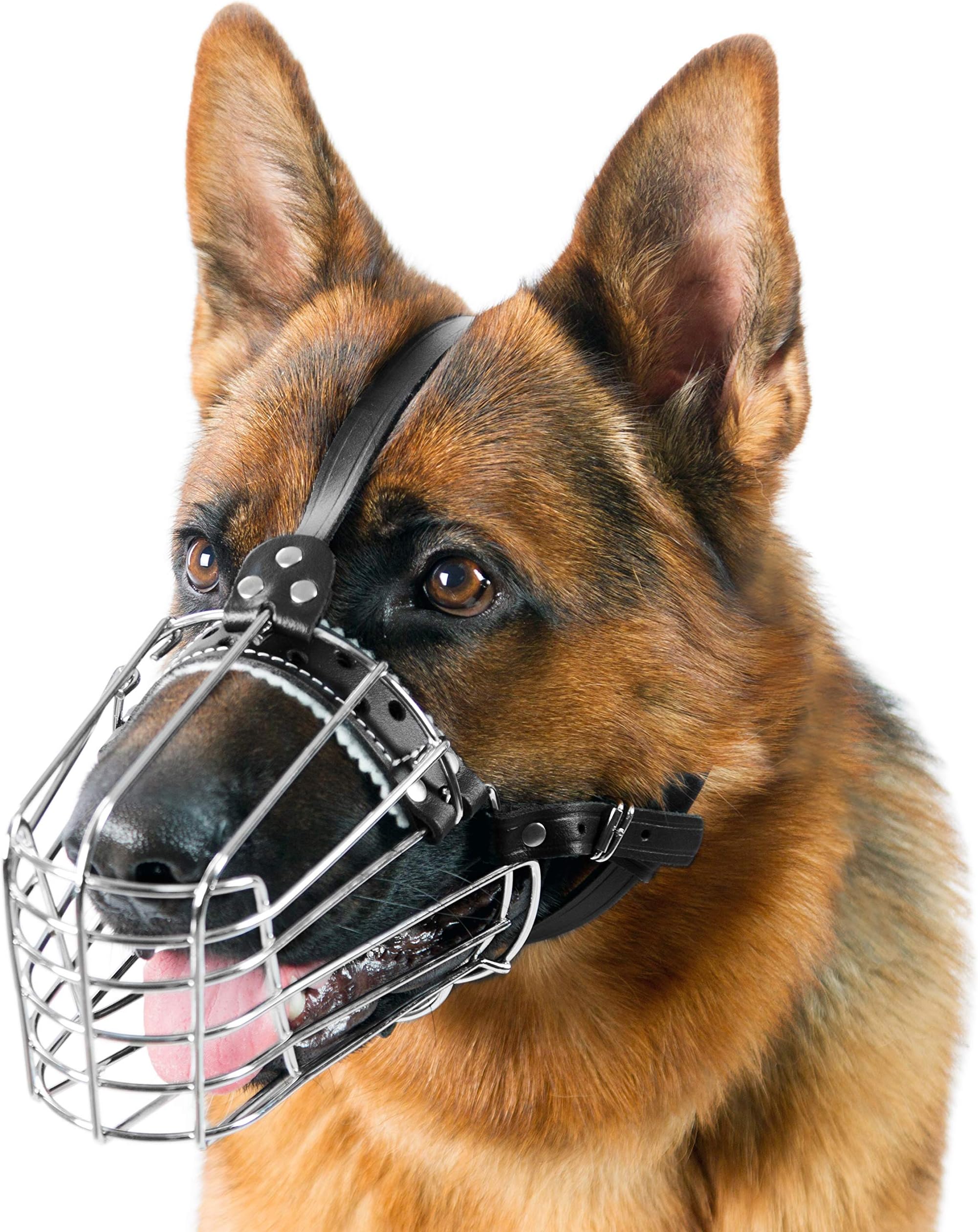 Dog Chrome Metal Muzzles Wire Basket Adjustable Leather Straps German Shepherd Reinforced (№3) Snout Circumference is 13.7-14.5 in, Length is 4.9-5.3 in.
