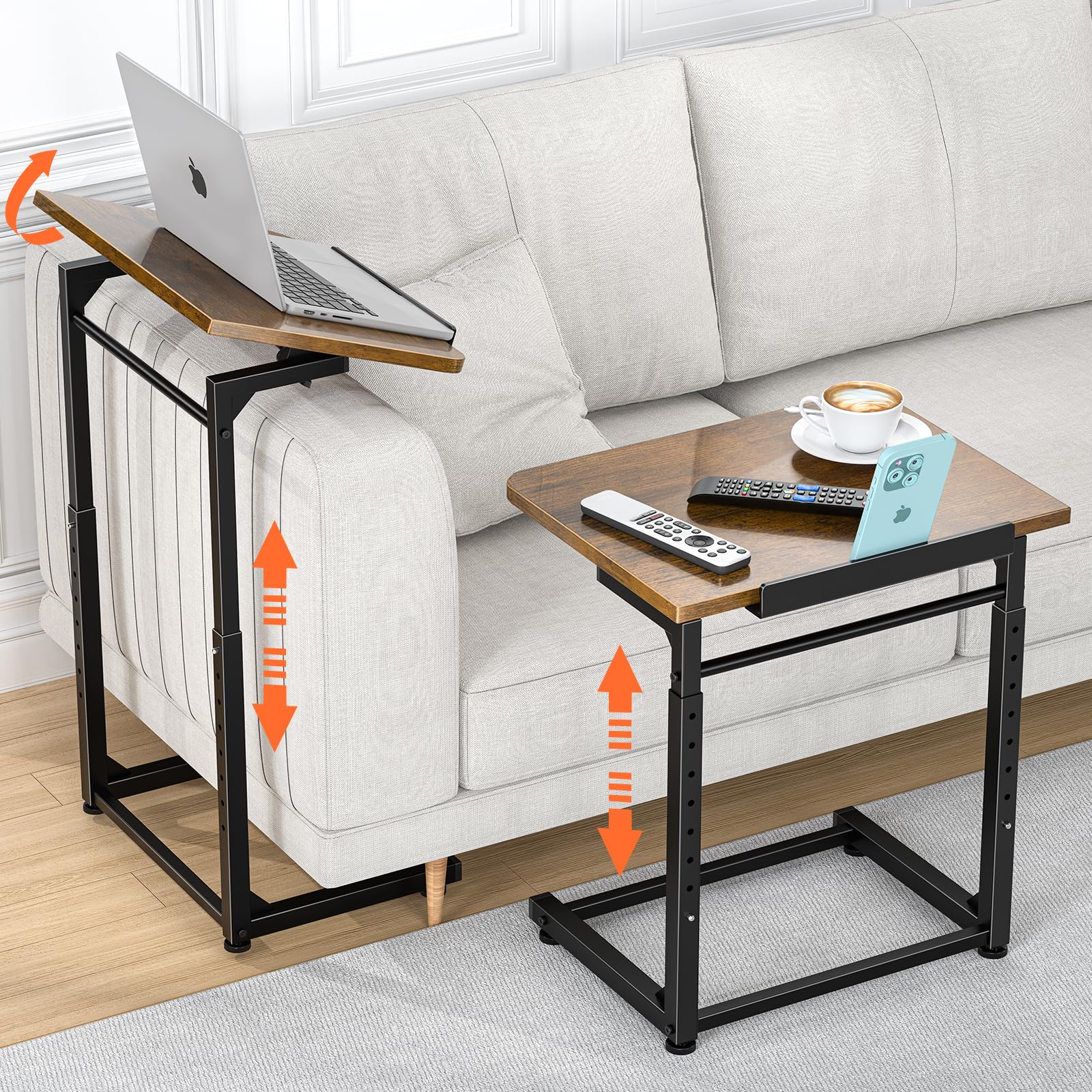 Photo 1 of Tv Tray Table, 8-Level Adjustable Height Couch Side Table?90° Tilt Angle Adjustments C-Shaped End Table, with Phone & Tablet Slot Sofa Computer Desk for Couch, Sofa, Bed, Chair, Living Room (Brown)