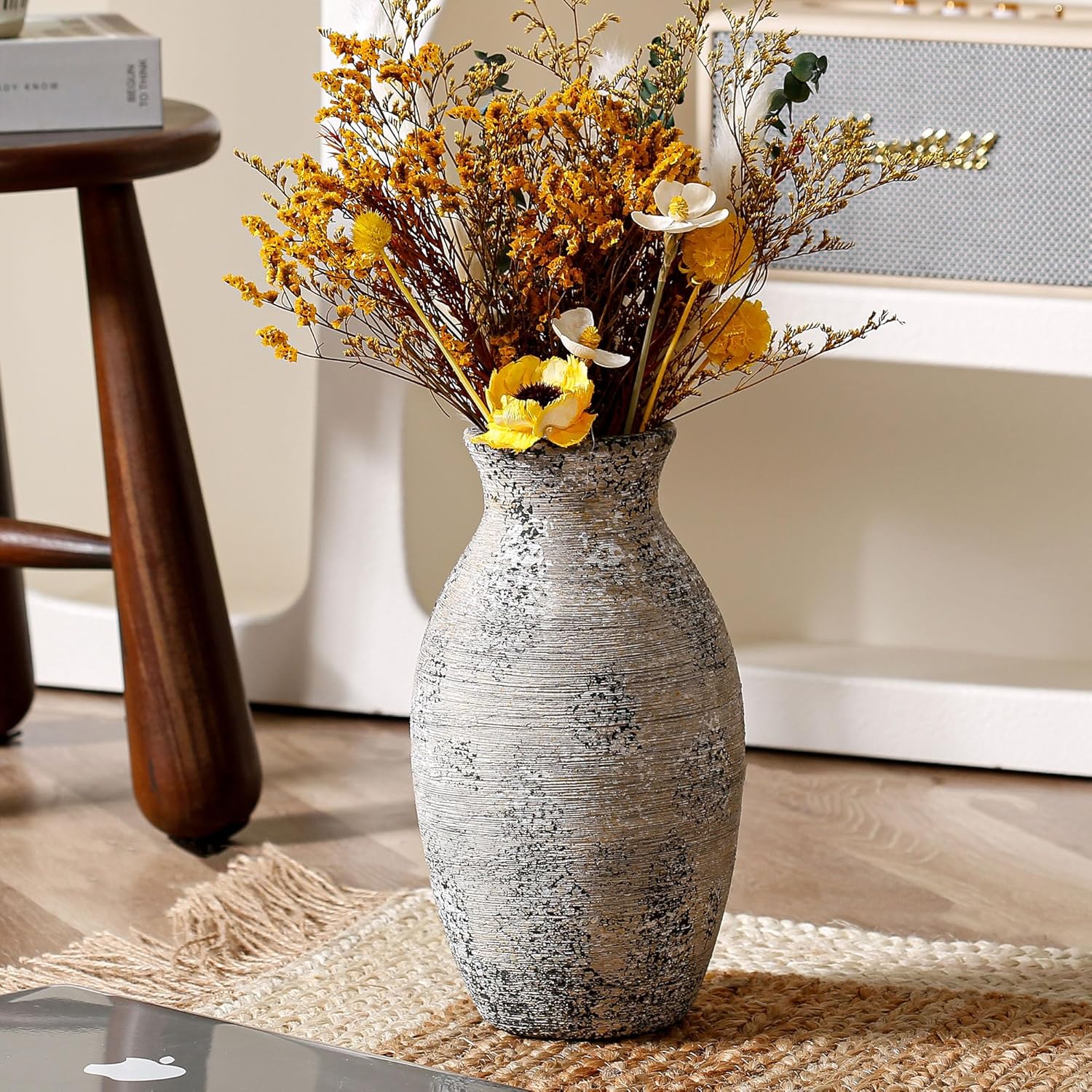 Ceramic Vase, 11 inch Tall Off-White Vase, Large Decorative Terracotta Vases, Farmhouse Rustic Pottery Vases for Home Decor, Living Room, Table (Gray)
