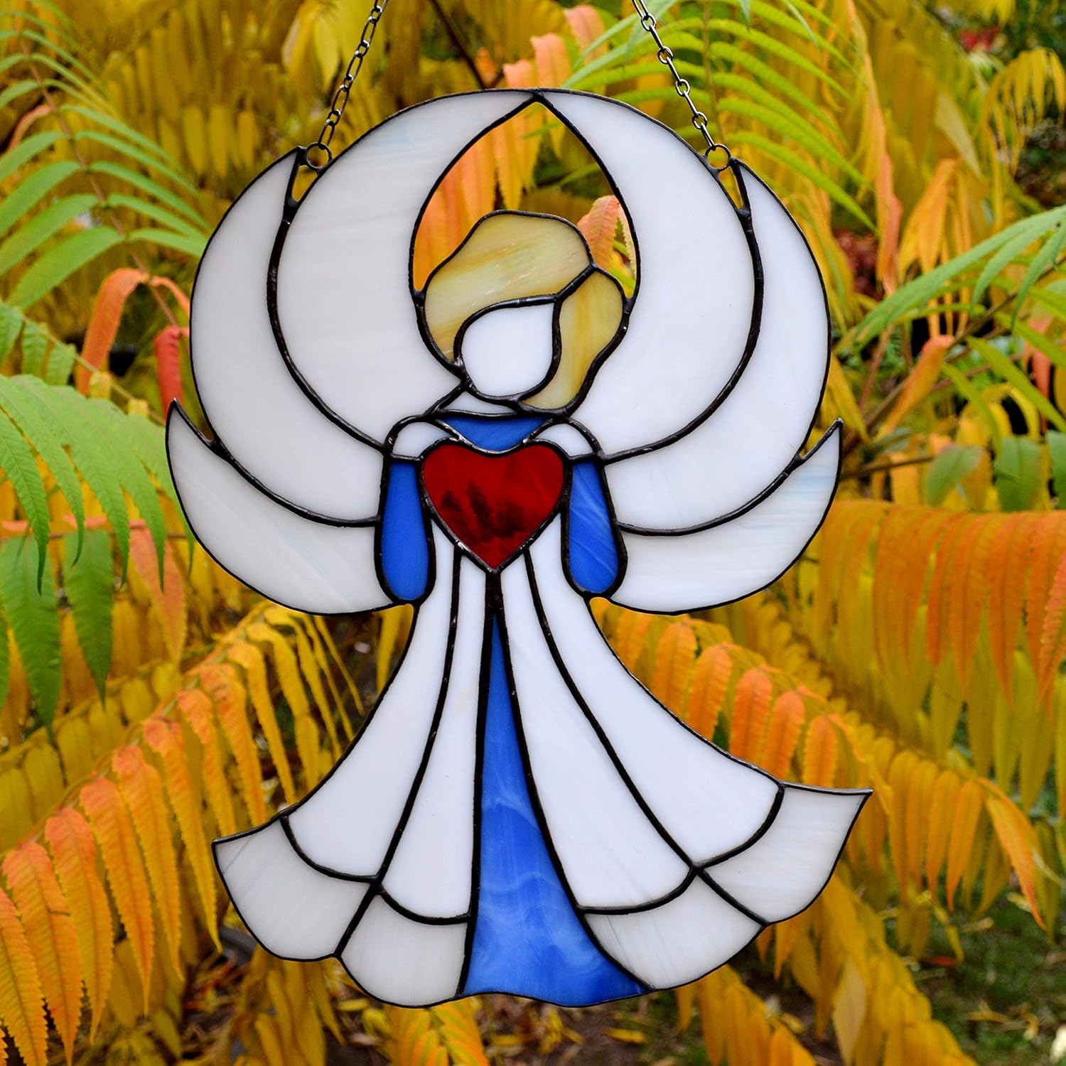 Large White Stained Glass Angel Suncatcher for Window Hanging or Wall Decor. Christian Decoration