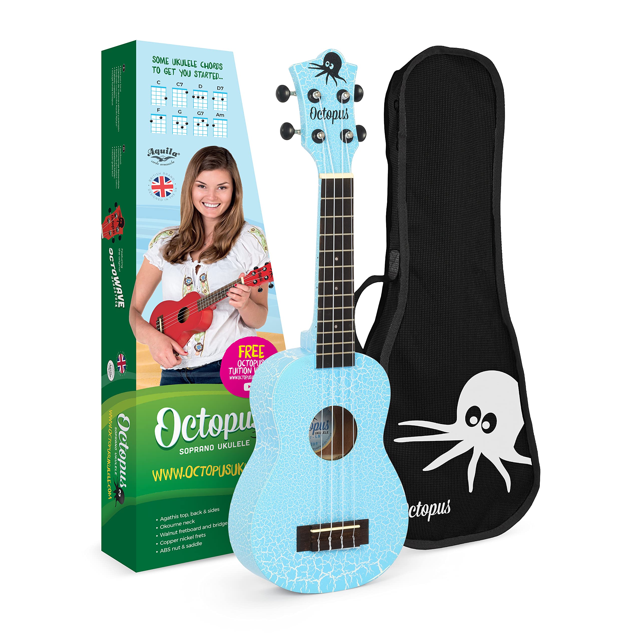 OctopusCrackle soprano ukulele in light blue and white