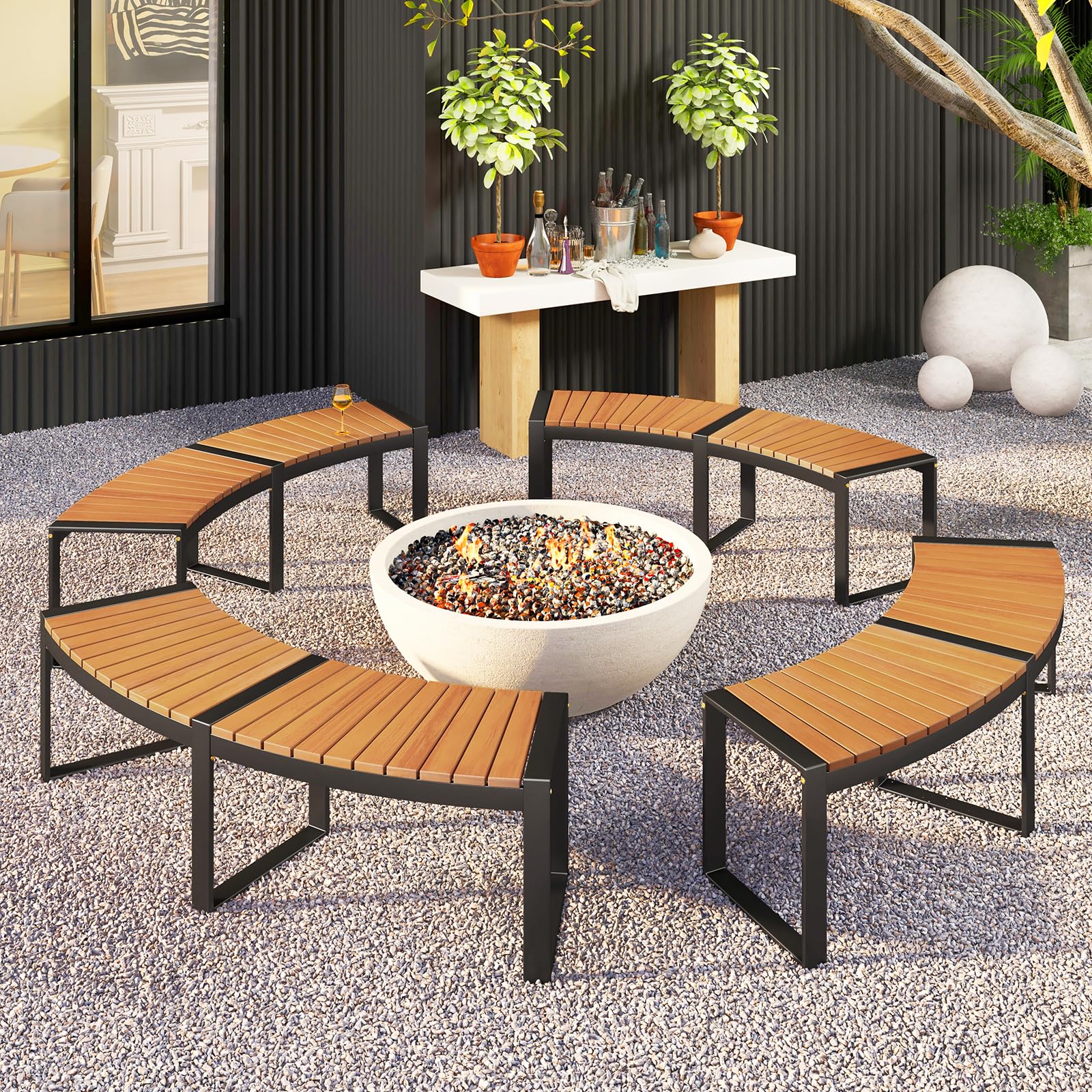 HAPPYGRILL Outdoor Curved Firepit Bench, Acacia Wood Firepit Bench