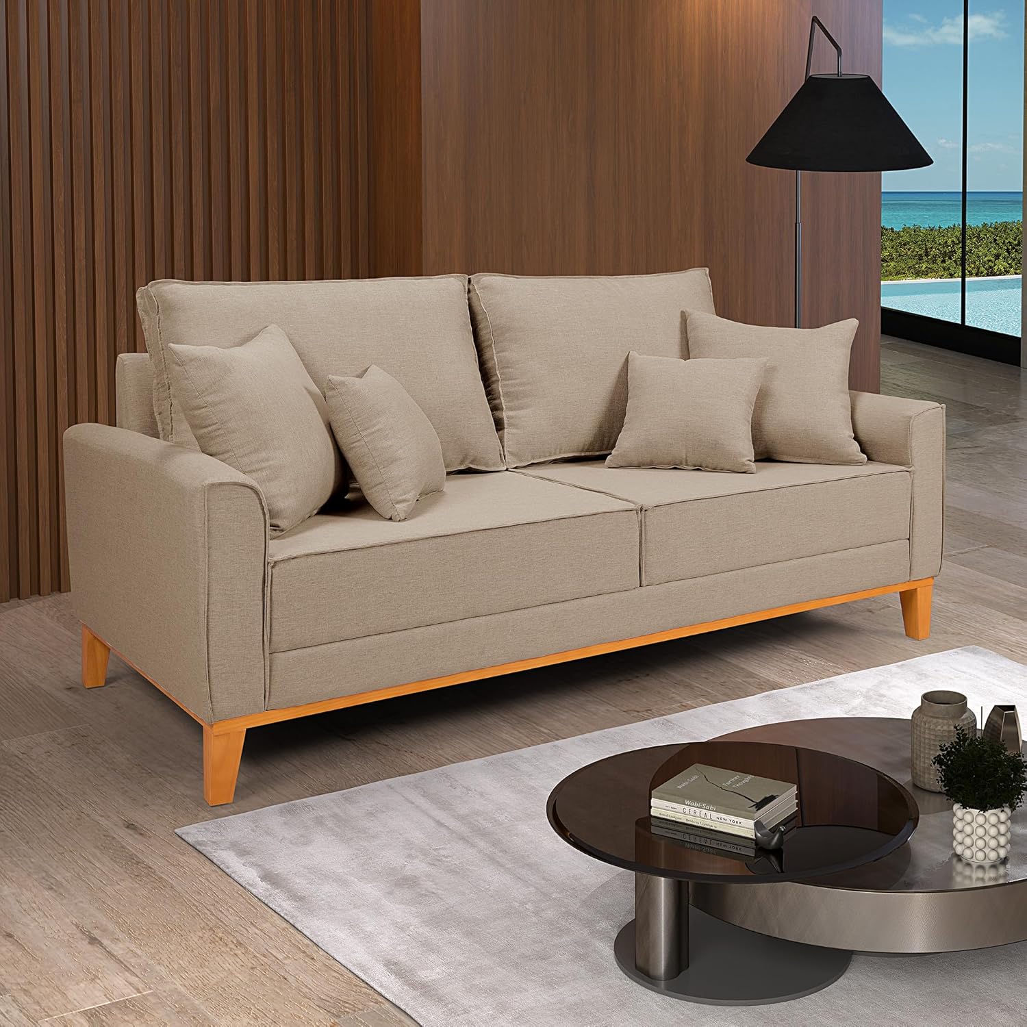 Sofá Living Beny 3 Lugares Linho Bege Fixo Sala Base Madeira