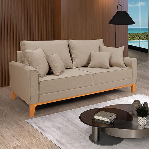 Sofá Living Beny 3 Lugares Linho Bege Fixo Sala Base Madeira