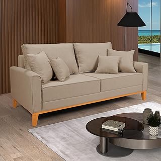 Sofá Living Beny 3 Lugares Linho Bege Fixo Sala Base Madeira - Produto 3 mais recomendado com 4.4 estrelas