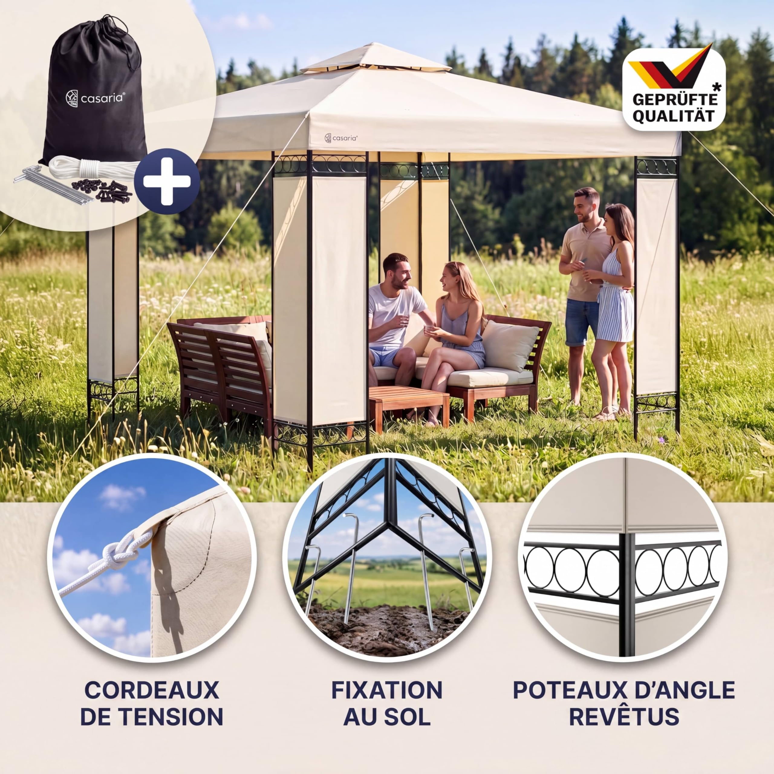 Pavillon Lorca 3x3 m métal Toile Hydrofuge Protection UV 50+ Tente de réception tonnelle de Jardin pergola mobilier extérieur crème