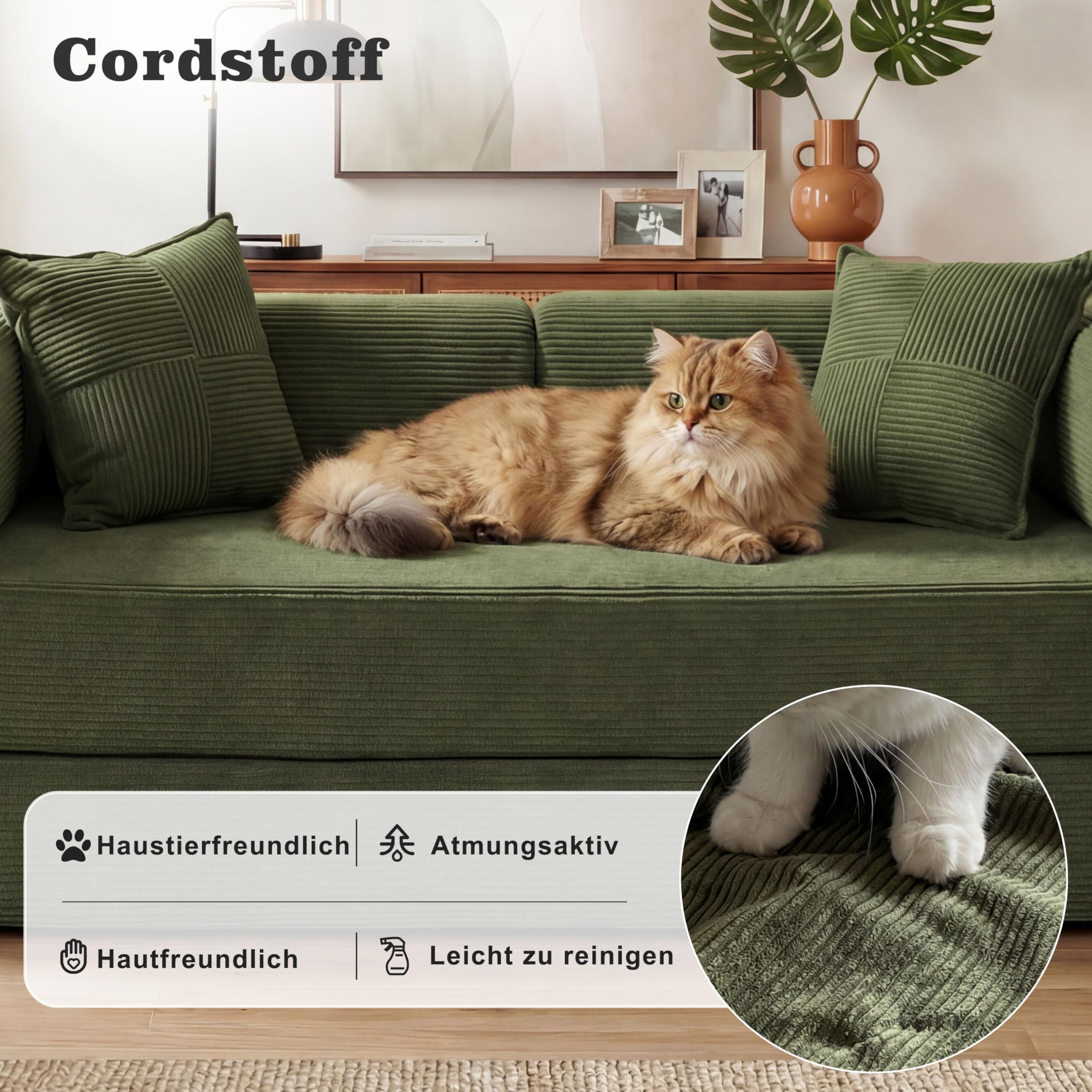 Vipbear Sofá Cama Pana 200×100×70 cm, sofá de Suelo transformable 5 en 1, Espuma de Alta Densidad, Apto para Mascotas y ergonómico, sin Montaje, Verde