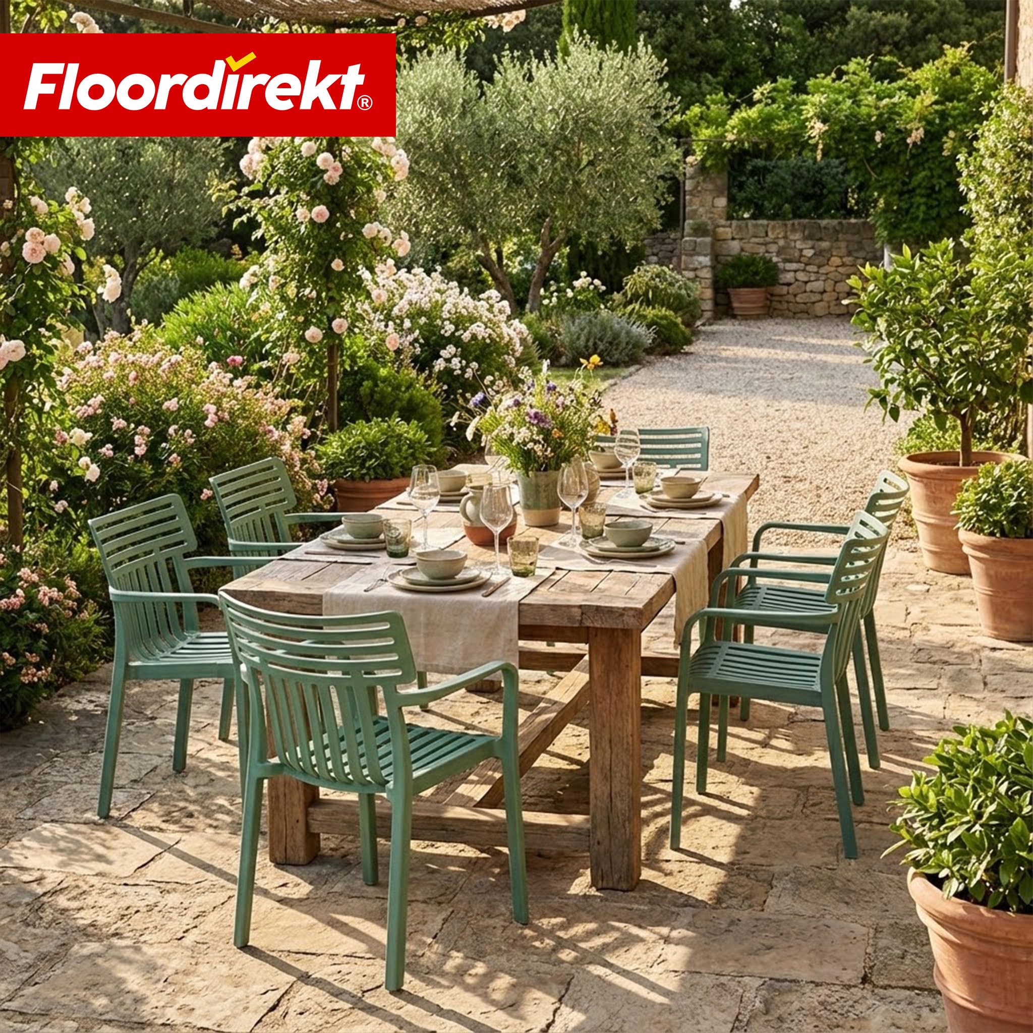 Floordirekt Chaise de Jardin avec accoudoirs – Chaise de Design empilable, Verte, résistante aux intempéries et aux UV, supporte jusqu'à 200 kg, pour Balcon, terrasse et Jardin