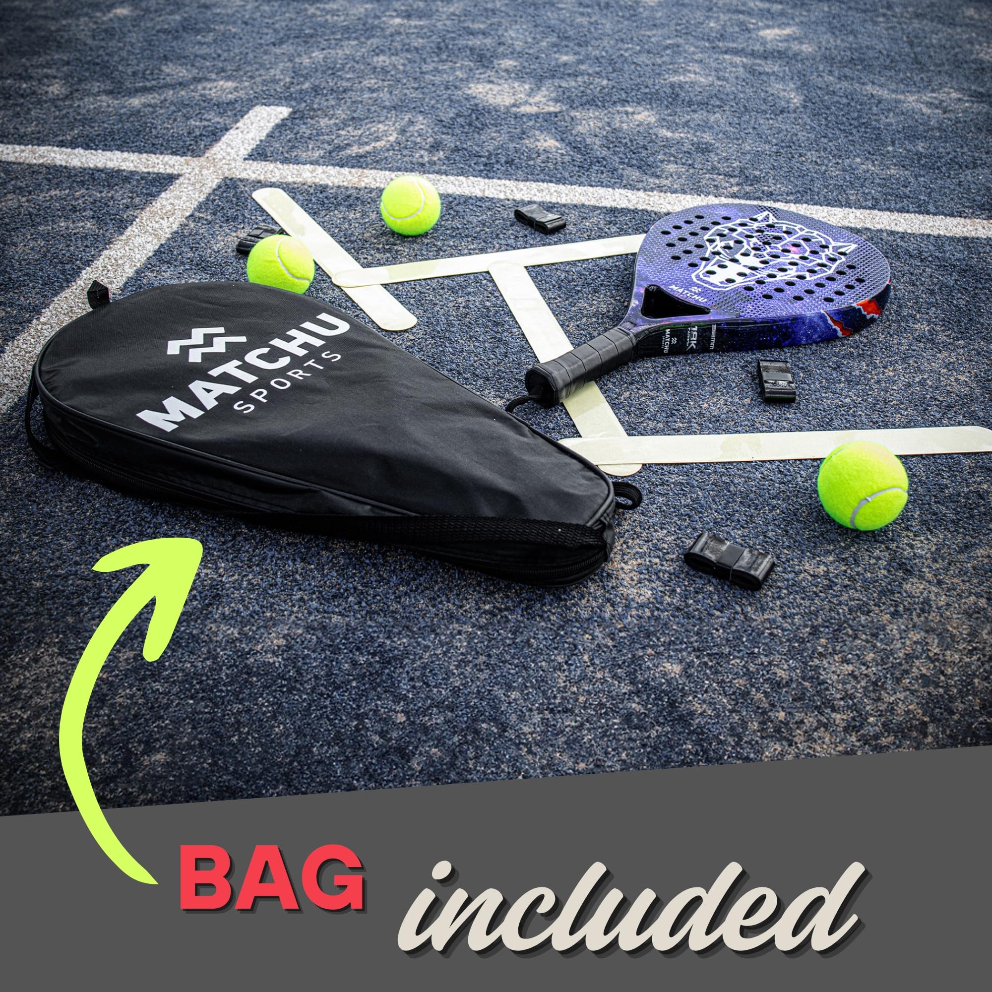 Matchu - Padel schläger - Inklusive Tragetasche - 100% (3K/18K) Carbon - Eva-Schaum - 3D-Grip Technology - 47x3,8 cm - 360 Gramm - Für Anfänger, Fortgeschrittene und Experten