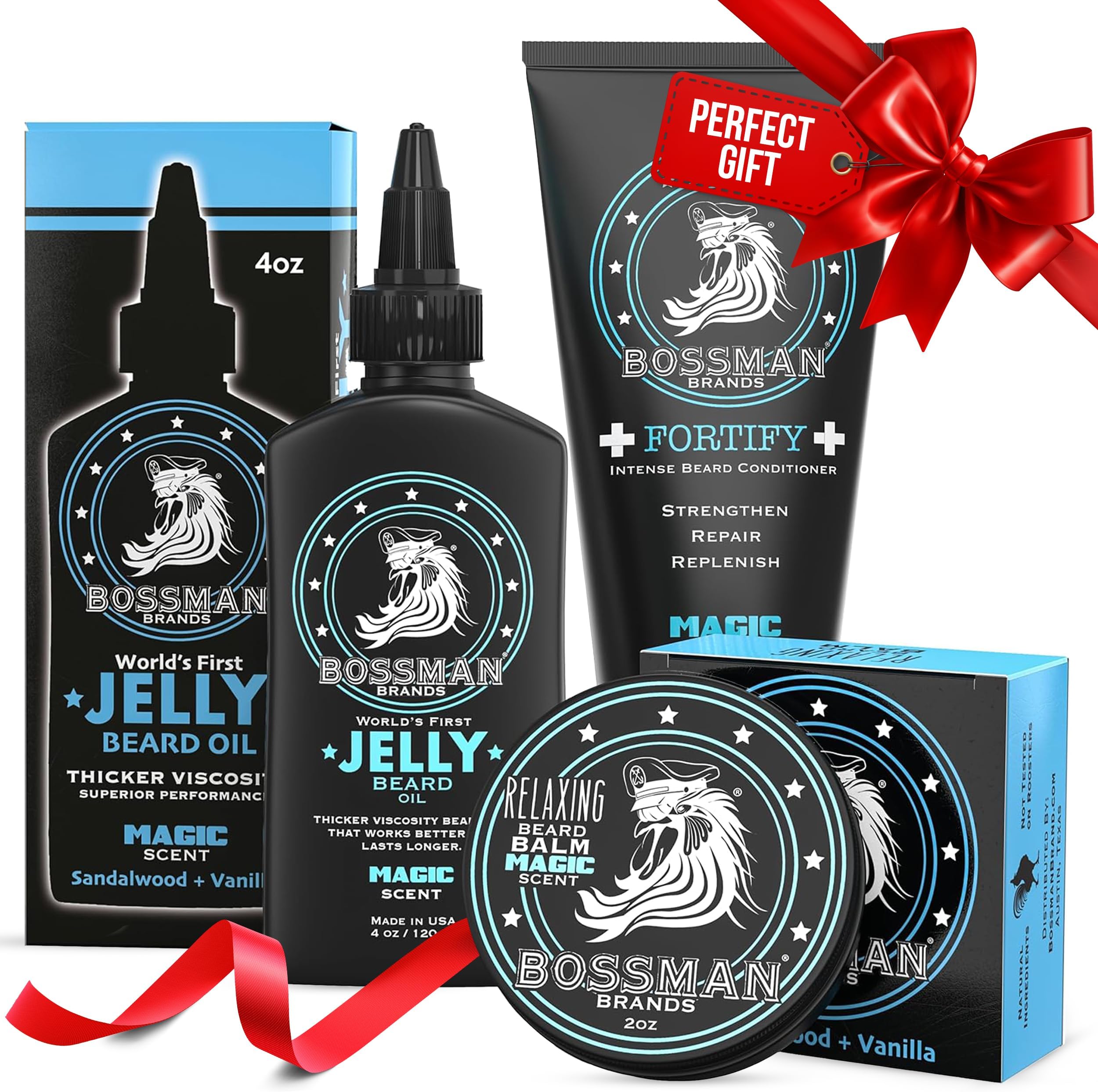 - Bossman Essentials Beard Kit for Men, Set of 3 - Beard Oil Jelly, Fortifying Conditioner Cream, Beard Balm - Grooming Growth Care Accessories - Gift Set for Men (Magic)