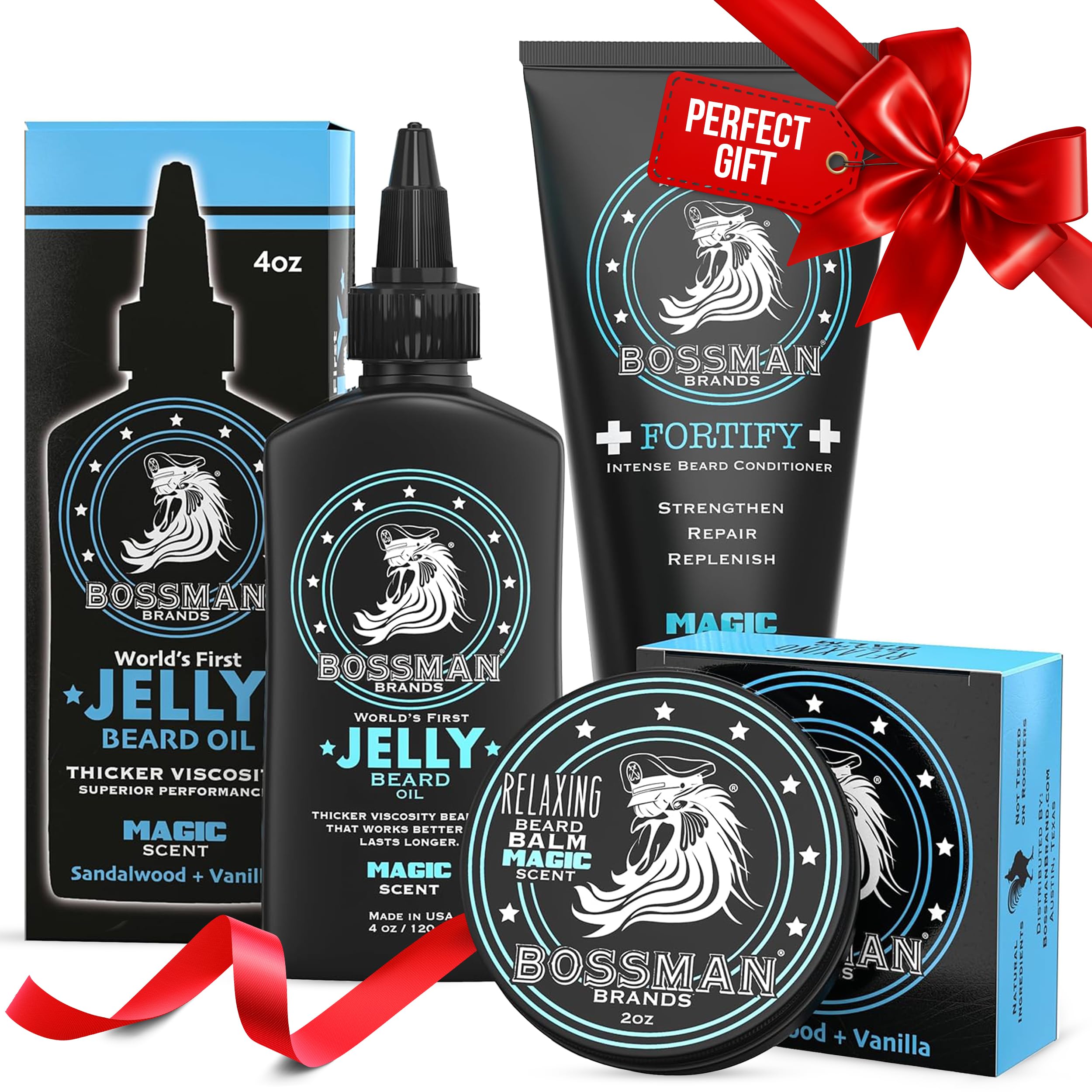 Essentials Beard Kit for Men, Set of 3 - Beard Oil Jelly, Fortifying Conditioner Cream, Beard Balm - Grooming Growth Care Accessories - Gift Set for Men (Magic)