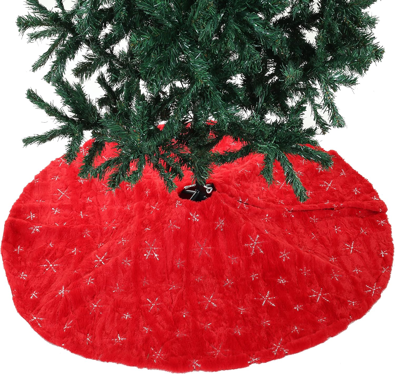 48 inches Large Christmas Tree Skirt Luxury Faux Fur with Snowflake for Home Party Xmas Tree Decoration (Red and Gold)