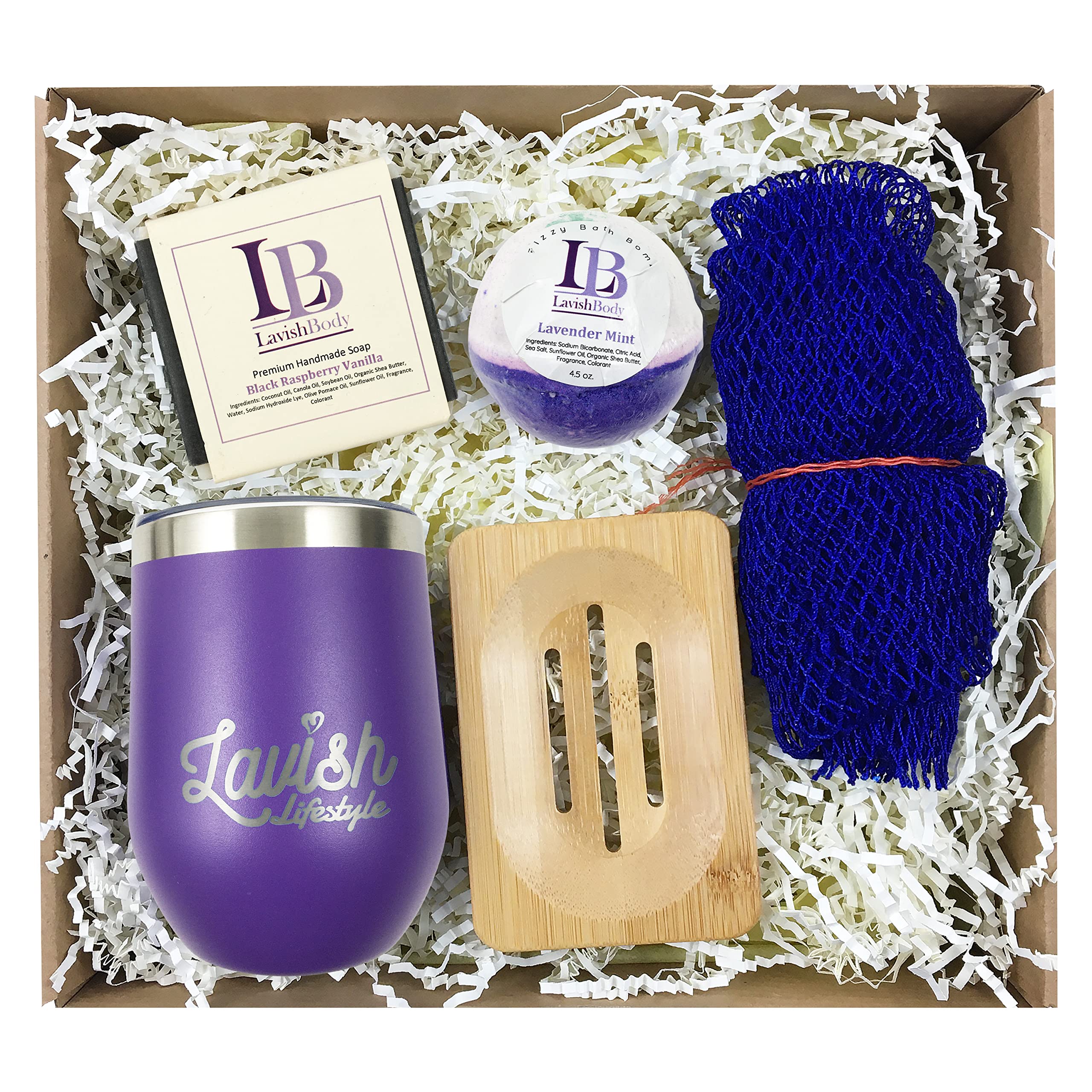 Lavish Body Spa Gift Box for Women - Spa Set w/Wine Tumbler, Artisanal Soap, Bath Bomb, & Net Sponge - Spa Gift Baskets for Women, Bath Set & Self Care Gift Basket - New Mom Gift, Relaxing Spa Kit