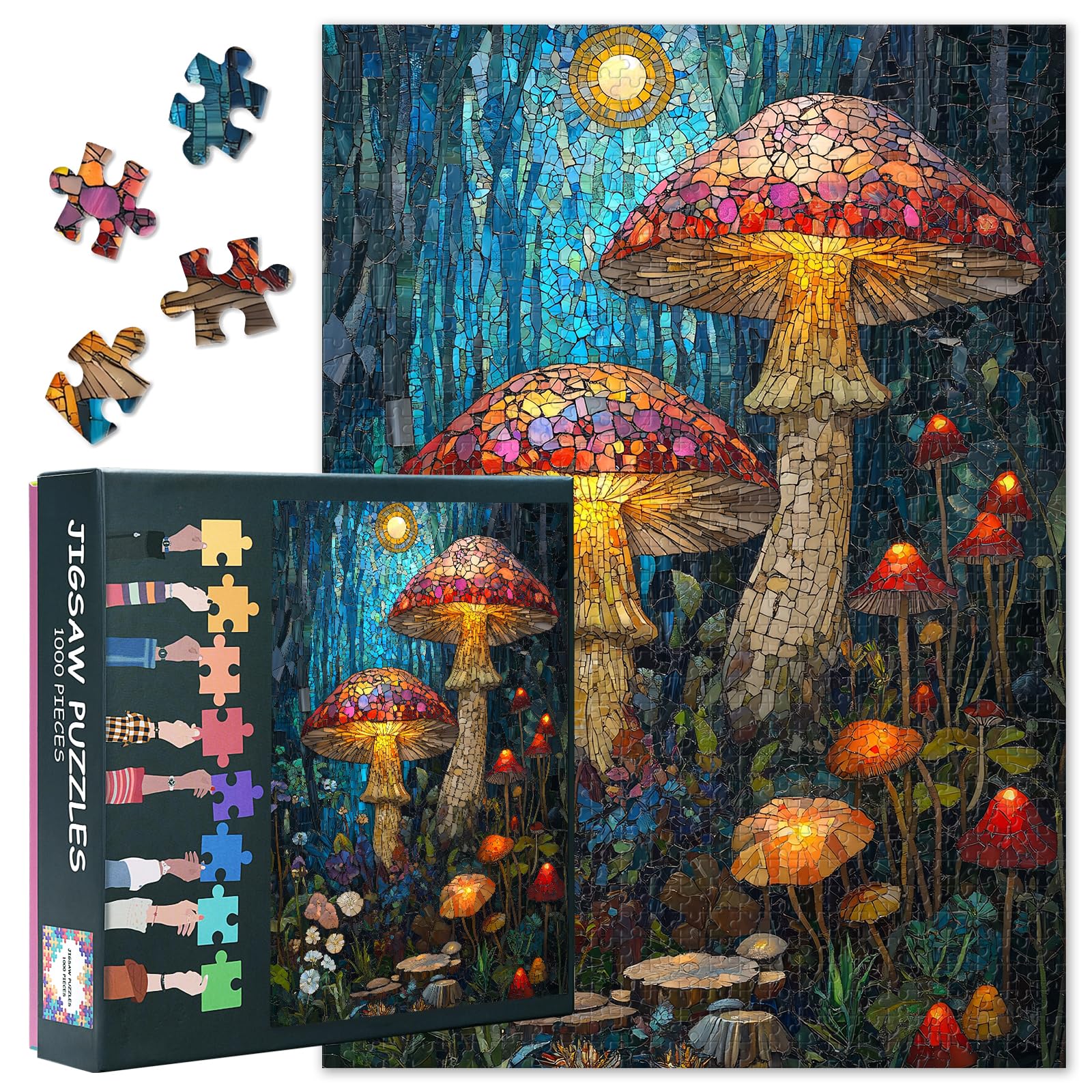 Challenging Mosaic of Enchanted Mushrooms Jigsaw Puzzles as Gift for Friends Family 1000 Pieces Decompression Jigsaw Puzzles Funny Mushrooms Puzzle for Adults Home Decor 27.5"X19.7"