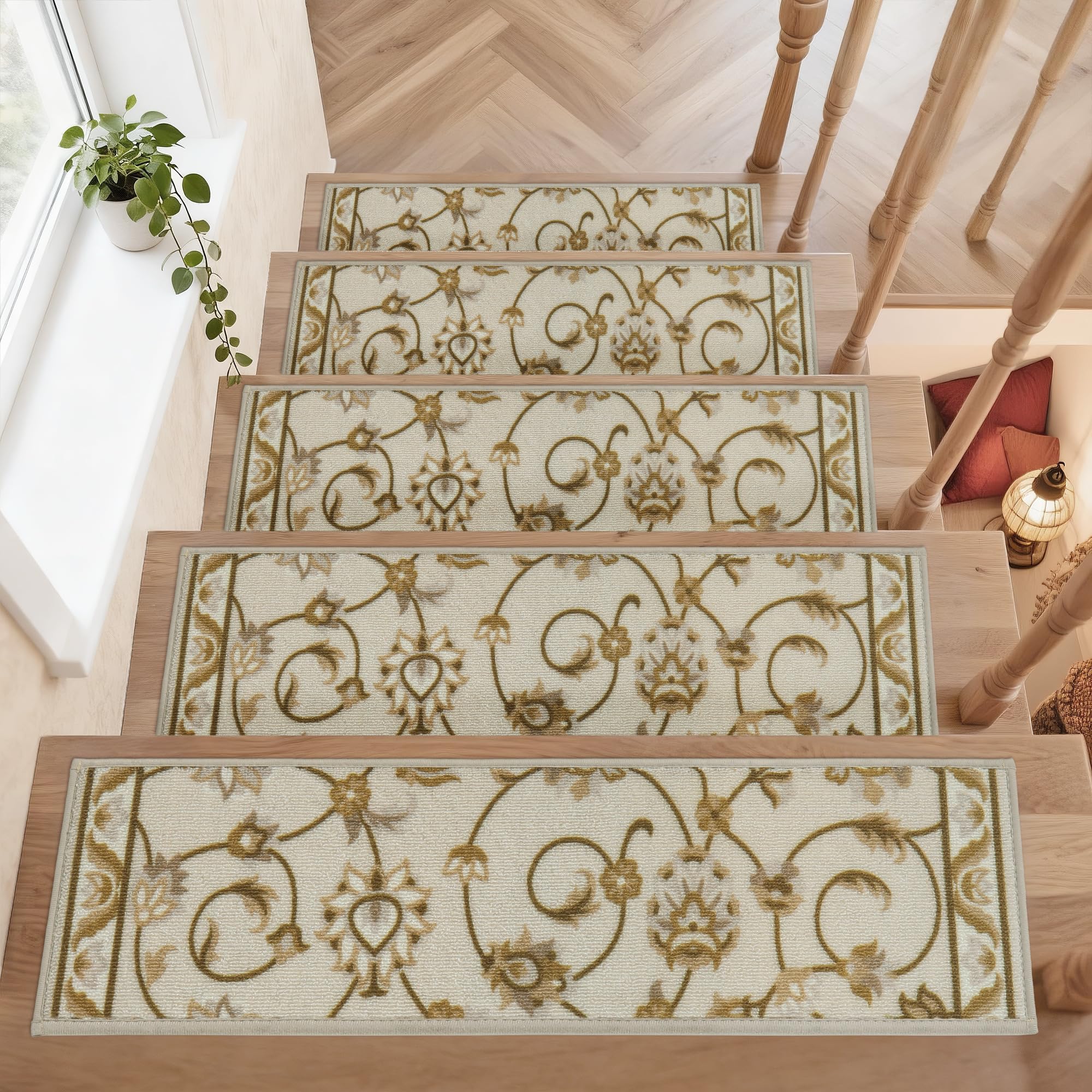 COSY HOMEER 4 pcs European Classical style Carpet Stair Treads, 76 x 20 cm Nonslip Self-Adhesive Carpet Stair Pads, Washable Reusable Carpet Runners for Indoor Staircases Decor